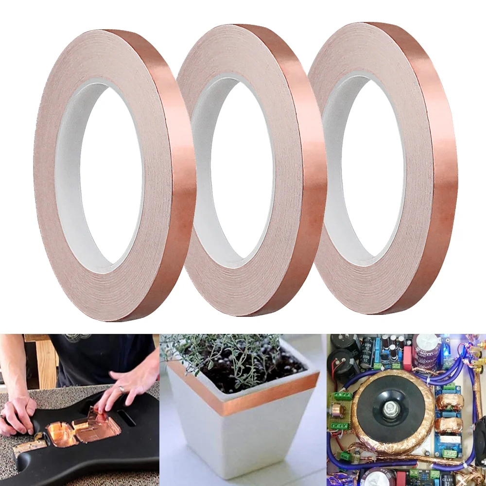 3 Rolls Copper Foil Tape Slug Snail Repellent Tape, Double-Sided Conductive Self Adhesive Copper Barrier Tape for EMI Shielding, Stained Glass, Guitar, Plants Protection - 10mmx10m