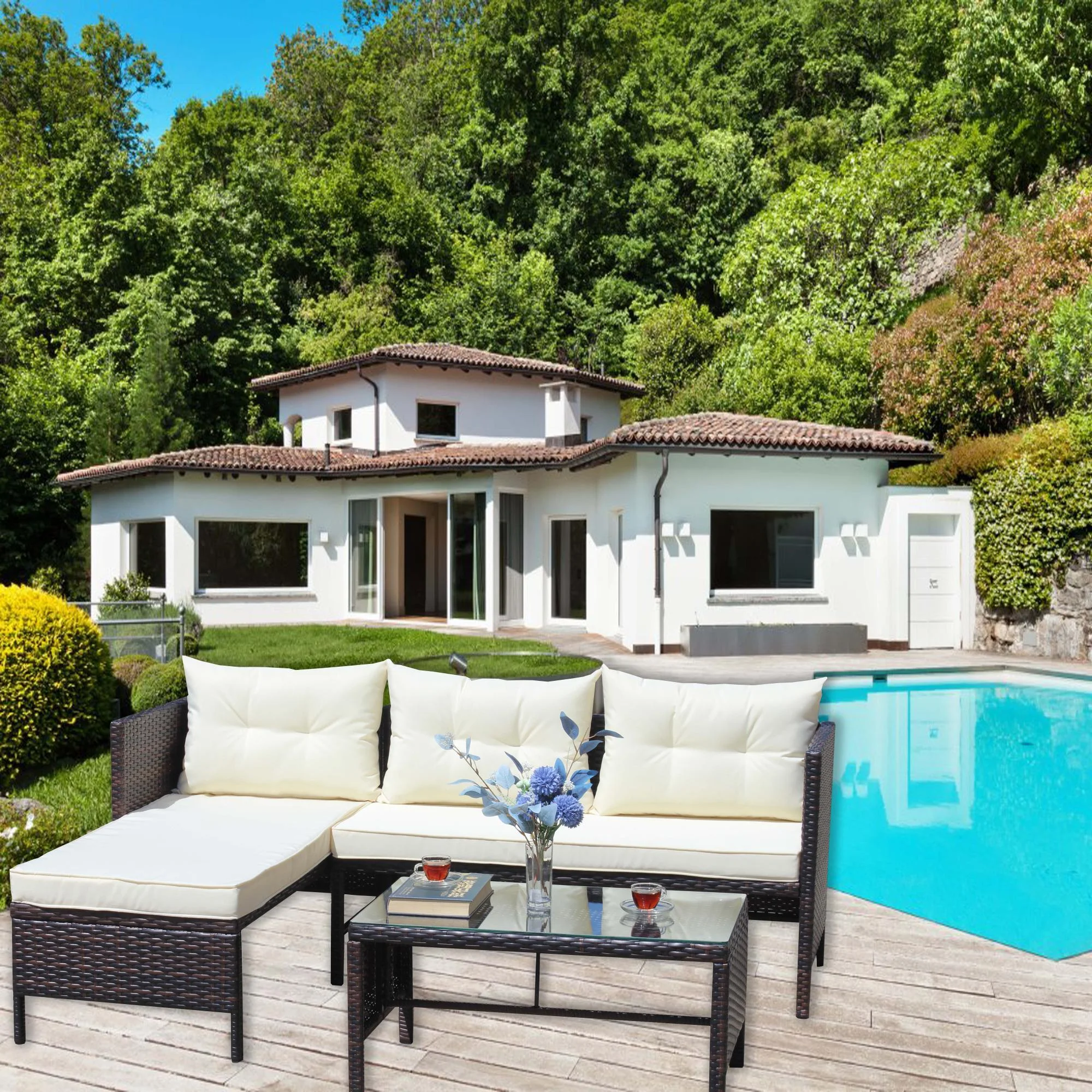 Patio Furniture Set 3 Pieces, Outdoor Sectional Rattan Patio Table and Chairs Set with Cushions and a Tempered Glass Patio Table, Patio Conversation Set with Sofa for Porch Balcony Lawn, Beige