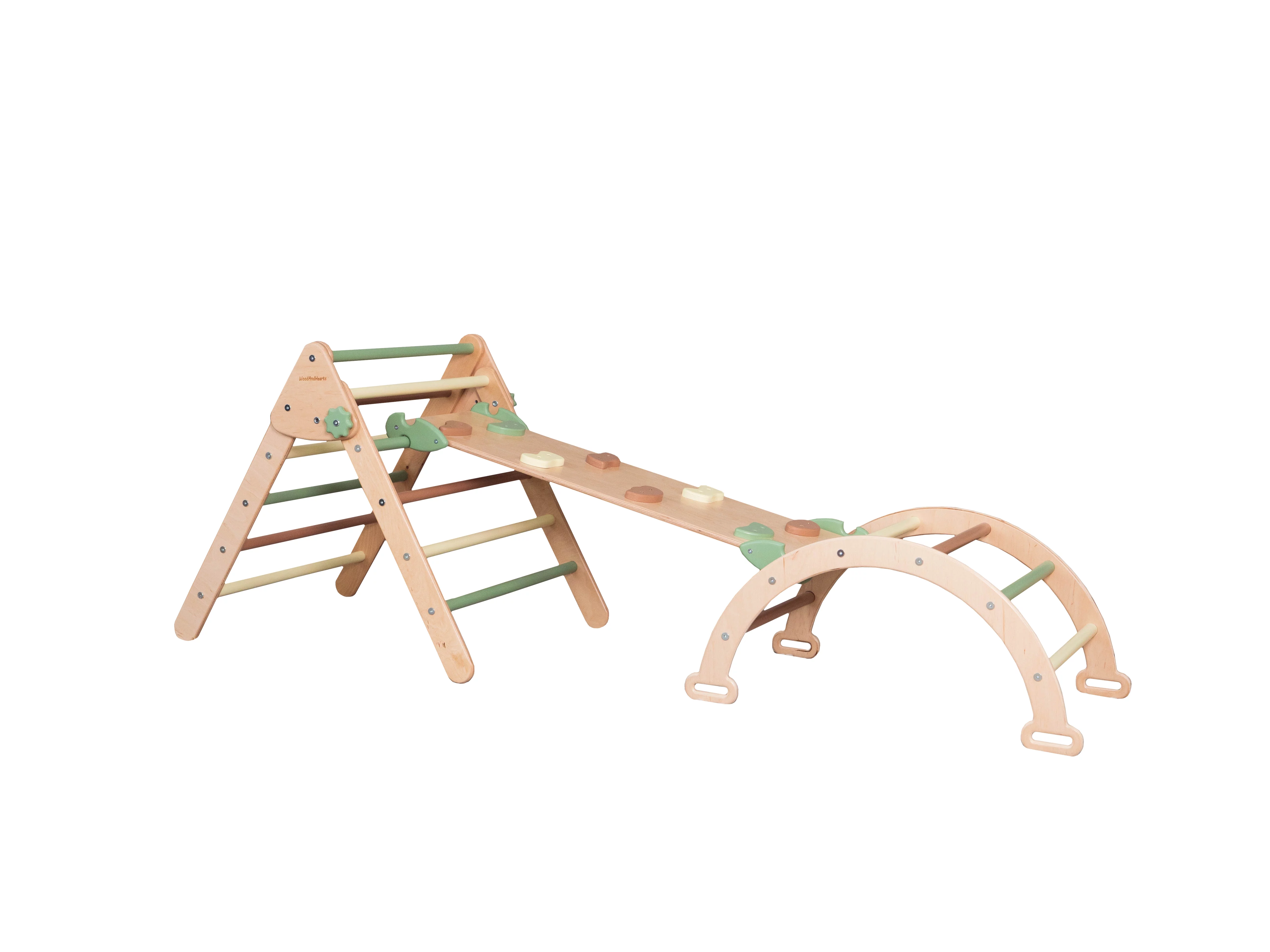 Woodandhearts Wooden gym for little one: Ramp with Triangle and Climbing Arch, Playing Set, Khaki color, for Kids 2-6 years