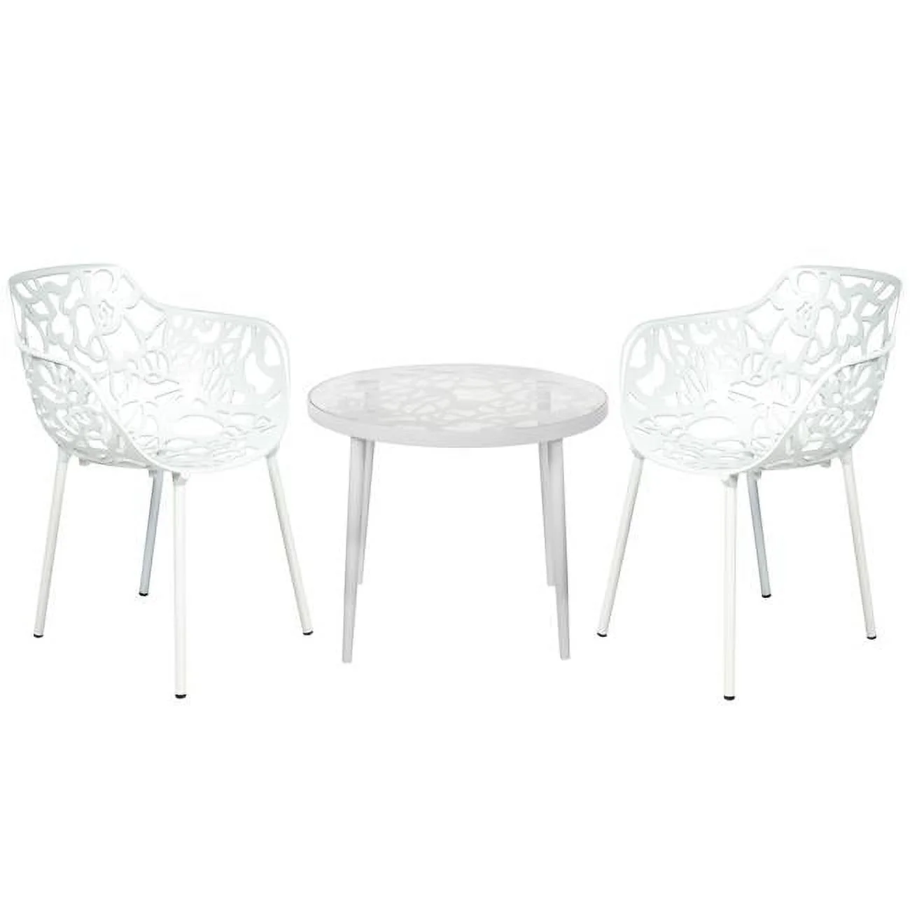 19 x 23 x 23 in. Devon Mid-Century Modern 3 Piece Aluminum Outdoor Patio Dining Set with Tempered Glass Top Table & 2 Stackable Flower Design Arm Chair, White
