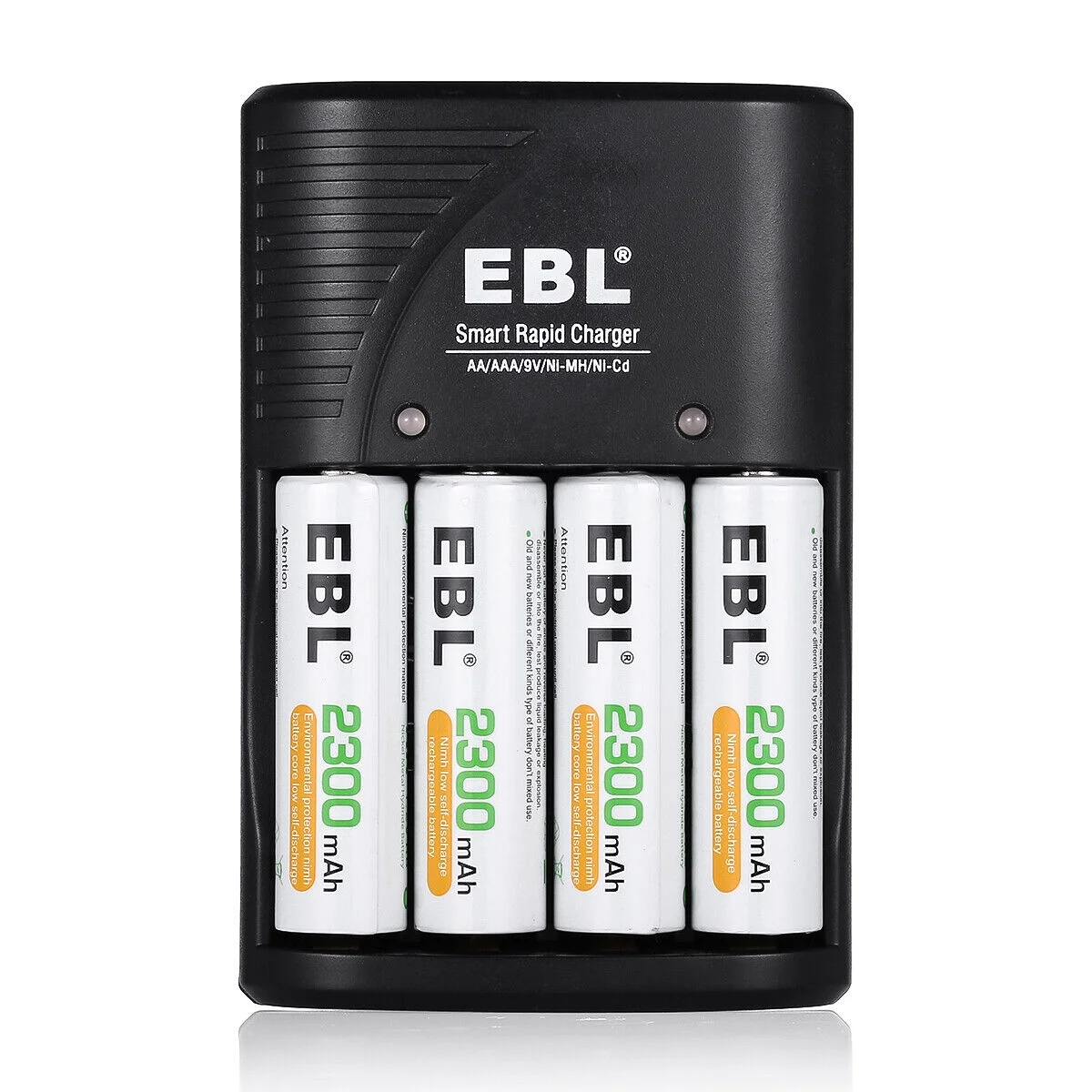 EBL Rechargeable AA Batteries 2300mAh (4 Pack) with Charger, Built-in Foldable Wall Plug, Automatic Power-Off Smart Battery Charger for AA AAA (NiMH) 9V Batteries