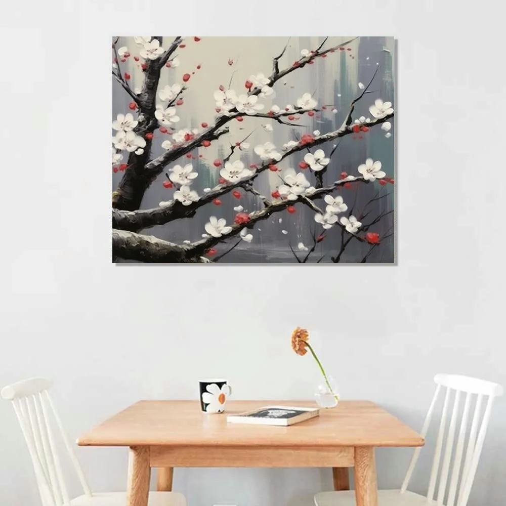 Fenyluxe Flowers Canvas Wall Art Plum Tree Blossom Canvas Prints Artwork Colorful 3D Textured Landscape Pictures Cherry Canvas Painting Floral Framed for Bedroom Office Home Decor 16x12in