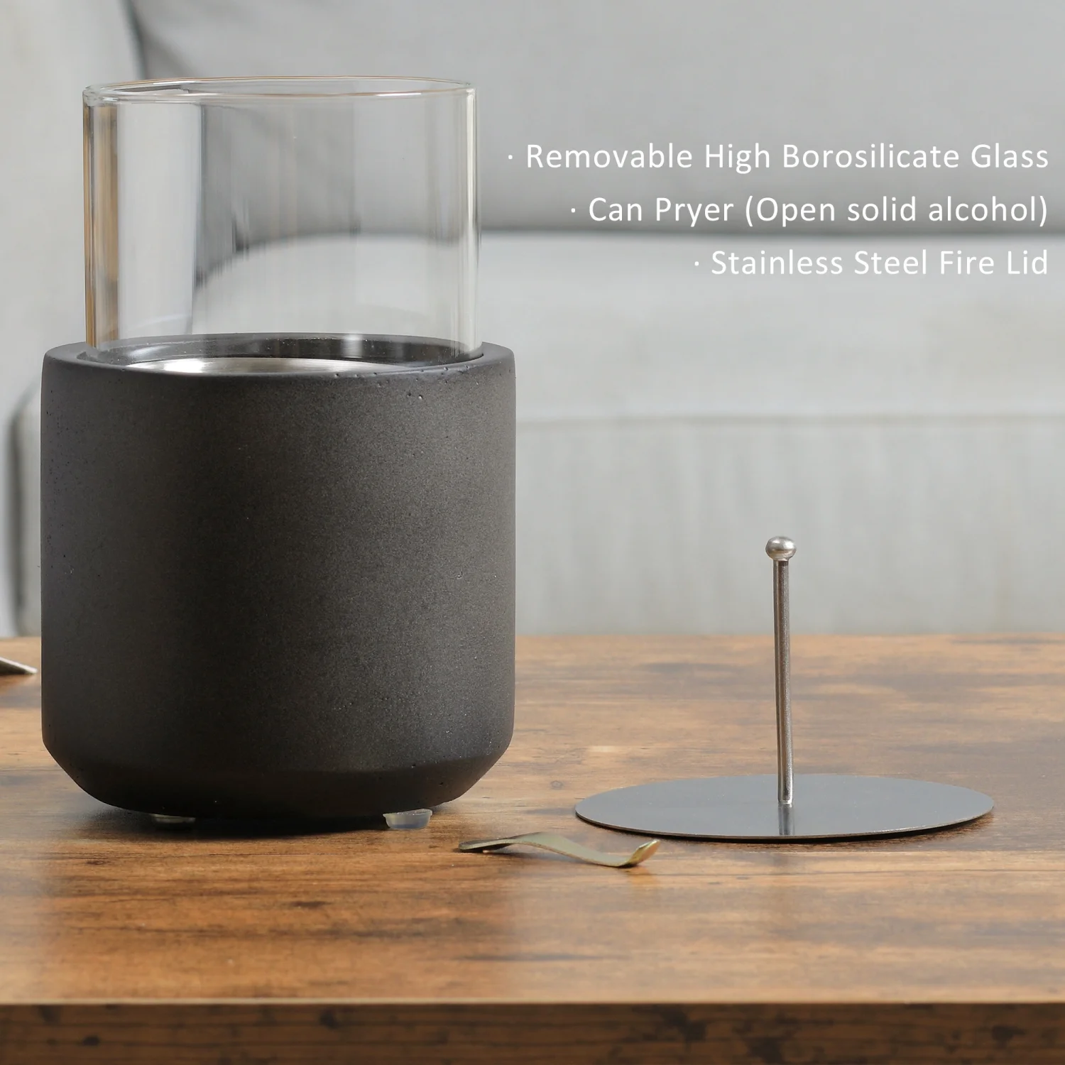 SQEWRED Tabletop Fireplace  Mini Concrete Ethanol Fire Bowl with Lid  Burns up with Liquid Alcohol and Solid Tablet Alcohol  Dark Grey