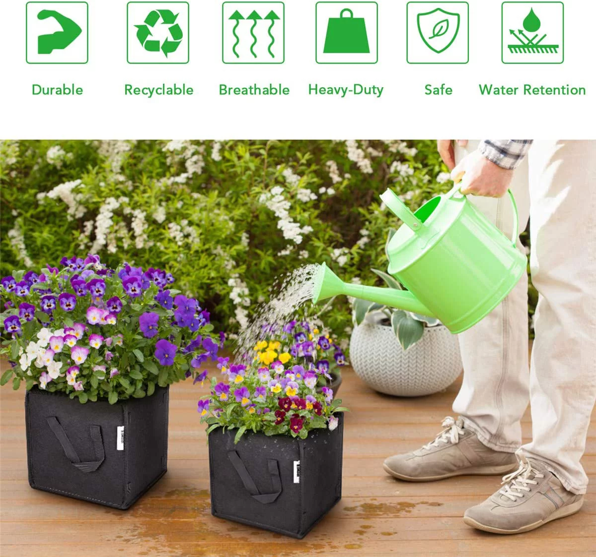 iPower 5 Pack 10 Gallon Square Grow Bags Thick Fabric Planting Pots -Black