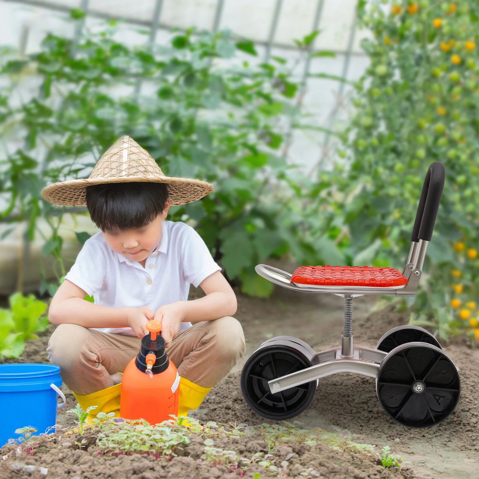 Height Adj. 360° Rotates Gardening Seats W/3 Rolling Wheels Stool Kneeling Pad