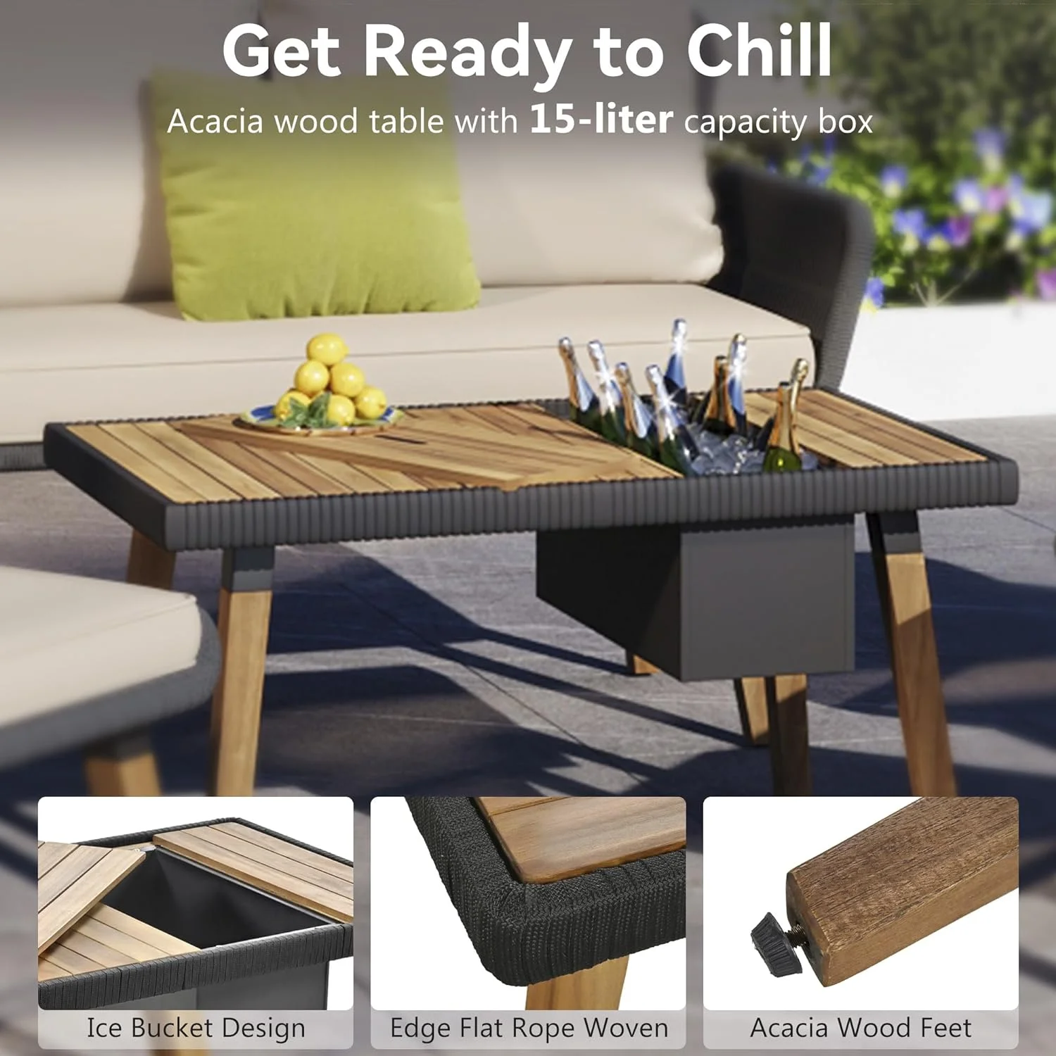 Dina 6 Piece Rope Patio Furniture Set  Outdoor Furniture Set with Acacia Wood and a Coffee Table with Ice Bucket  Patio Conversation Set with 2 Stools for Backyard  Porch  Balcony  Beige