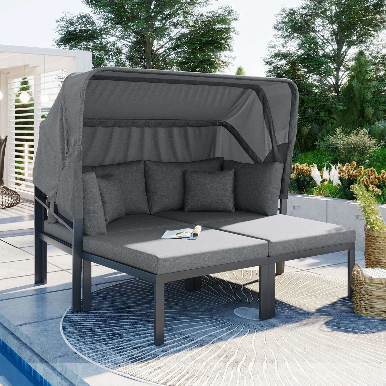 Elegant TOPMAX Outdoor Metal Sectional Sun Lounger Set with Retractable Canopy and Cushions - 3-Piece Patio Daybed for Backyard  Porch  Poolside in Stylish Grey Color