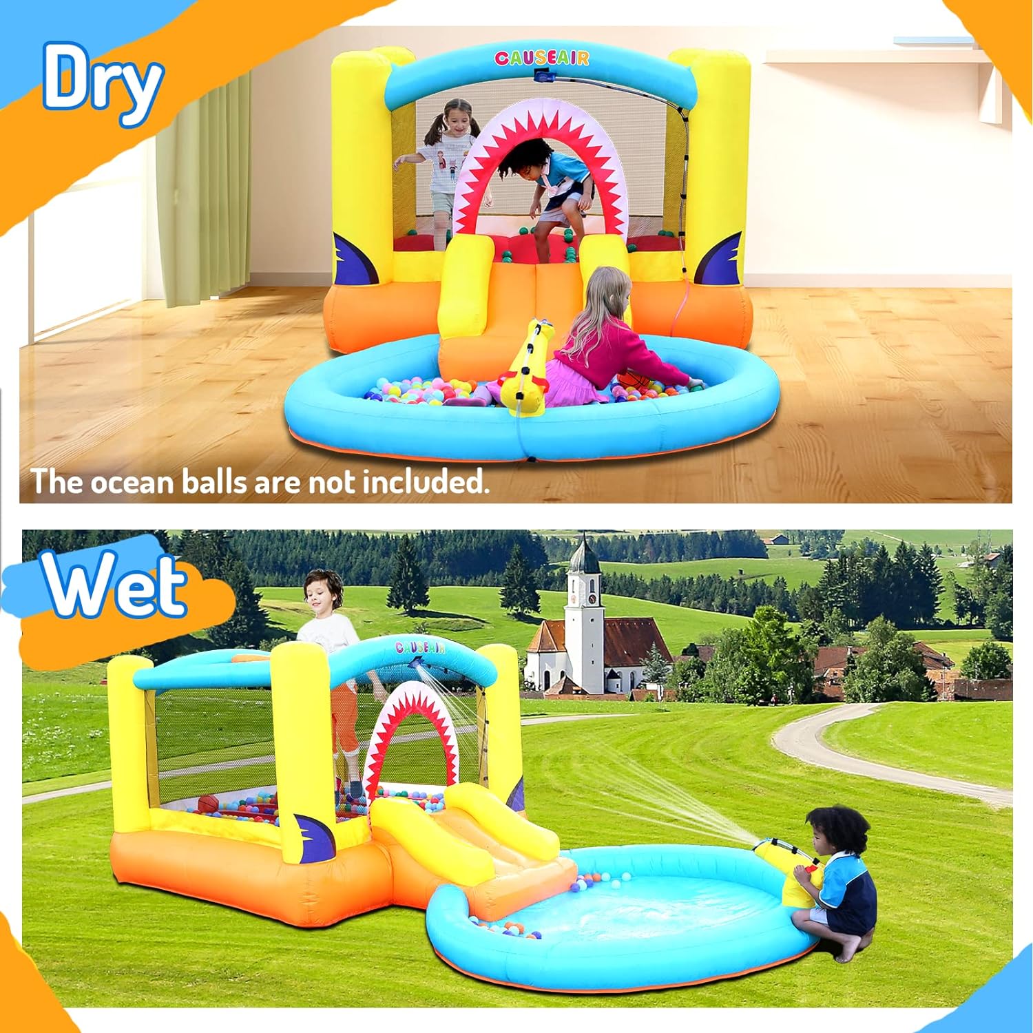 Inflatable Bounce House with Ball Pit & Water Slide,Wet & Dry Use,Water Spray Gun,Basketball Hoop,Bouncy House for Toddler Kids