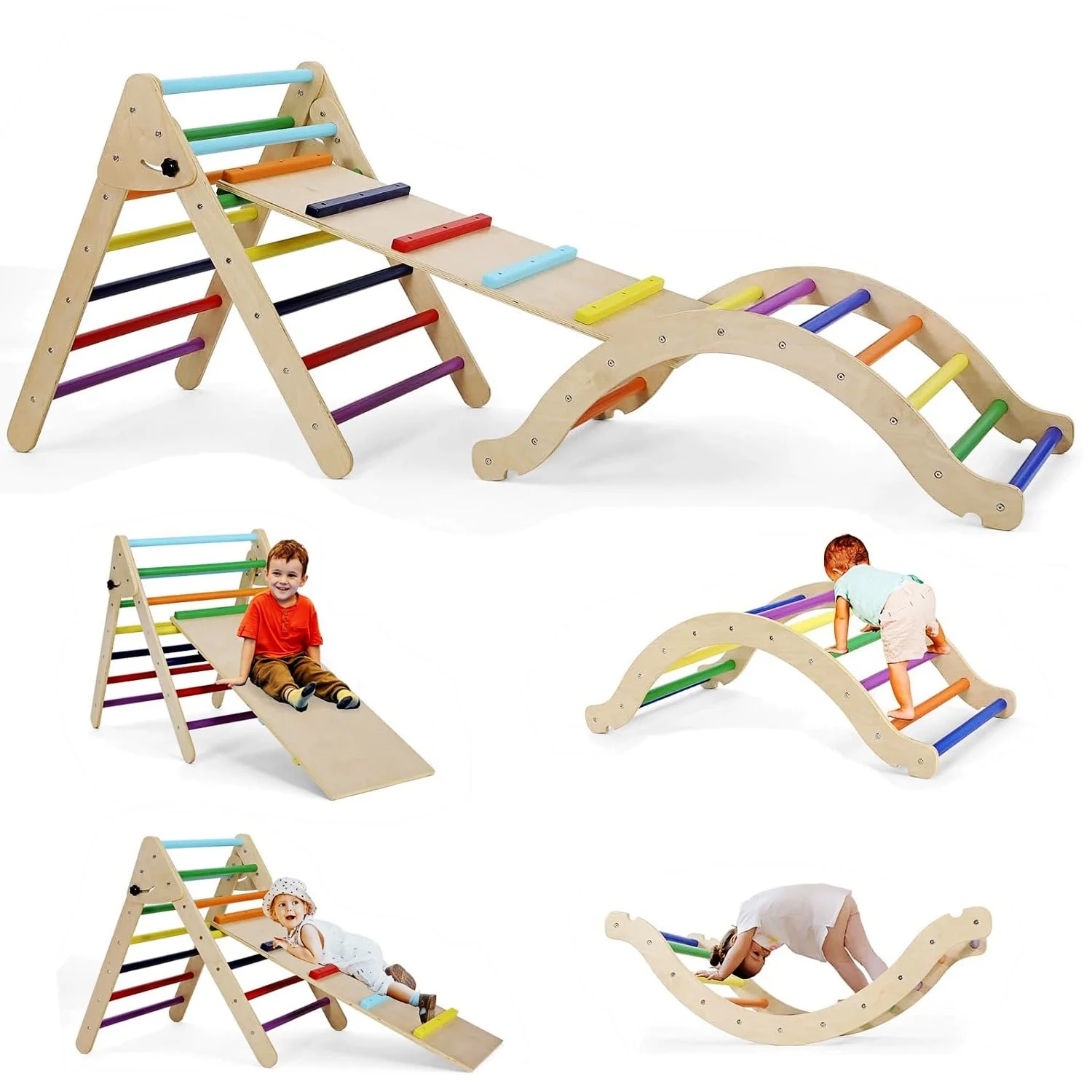 Arlopu 3 Pieces Pikler Triangle Climber Set Foldable Toddler Climbing Triangle Ladder with Ramp & Arch Indoor Outdoor Wooden Climbing Toy with Slide