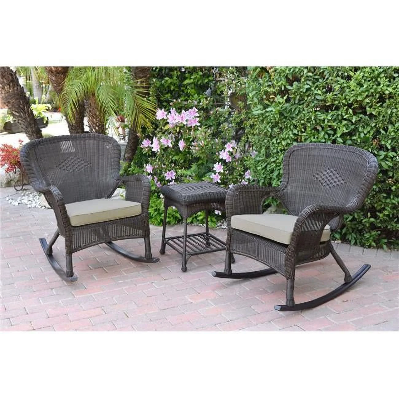 Jeco W00215-2-RCES006 Windsor Espresso Wicker Rocker Chair & End Table Set with Tan Cushion