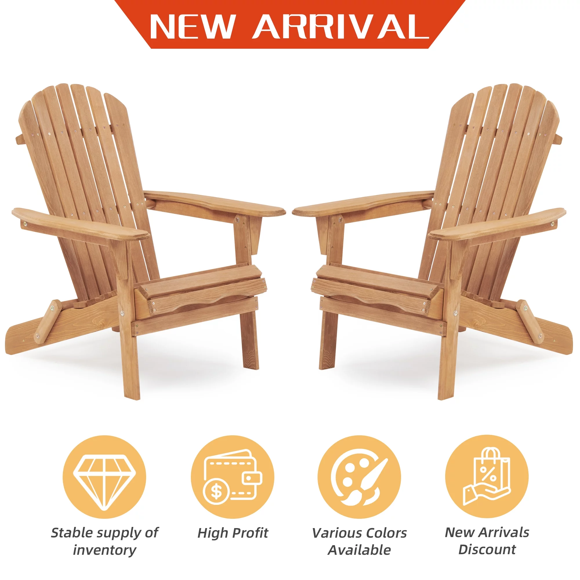CQSXDA　Wooden Outdoor Folding Adirondack Chair Set of 2 Wood Lounge Patio Chair for Garden,Garden, Lawn, Backyard, Deck, Pool Side, Fire Pit,Half Assembled,Light Brown