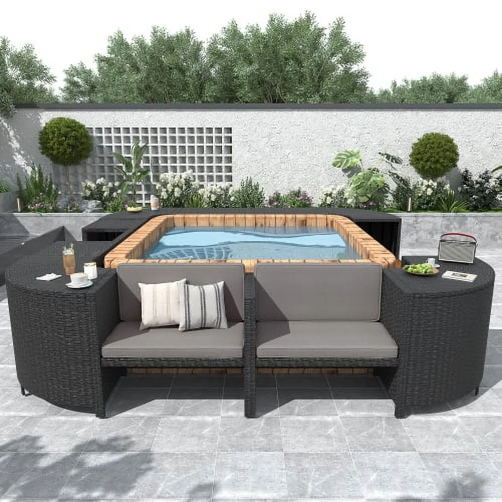Goldmeet Spa Surround Spa Frame Quadrilateral Outdoor Rattan Sectional Sofa Set with Mini Sofa, Wooden Seats and Storage Spaces, Grey