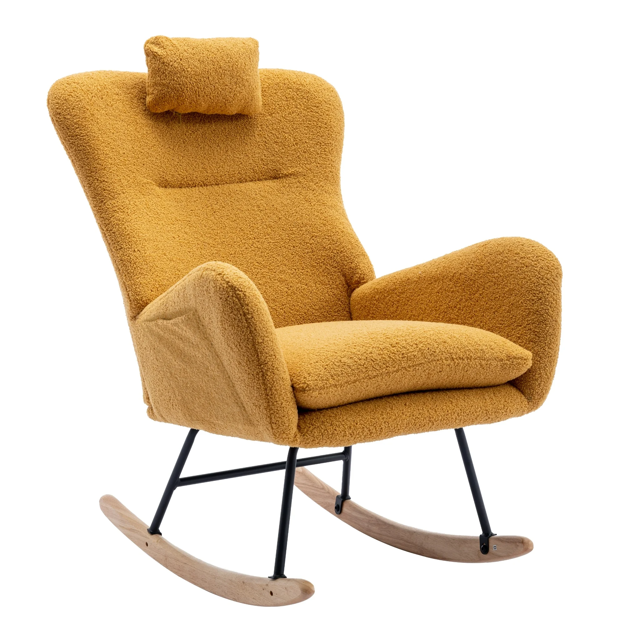 35.5 inch Rocking Chair with Pocket, Soft Teddy Fabric Rocking Chair for Nursery, Comfy Wingback Glider Rocker with Safe Solid Wood Base for Living Room Bedroom Balcony (TURMERIC)