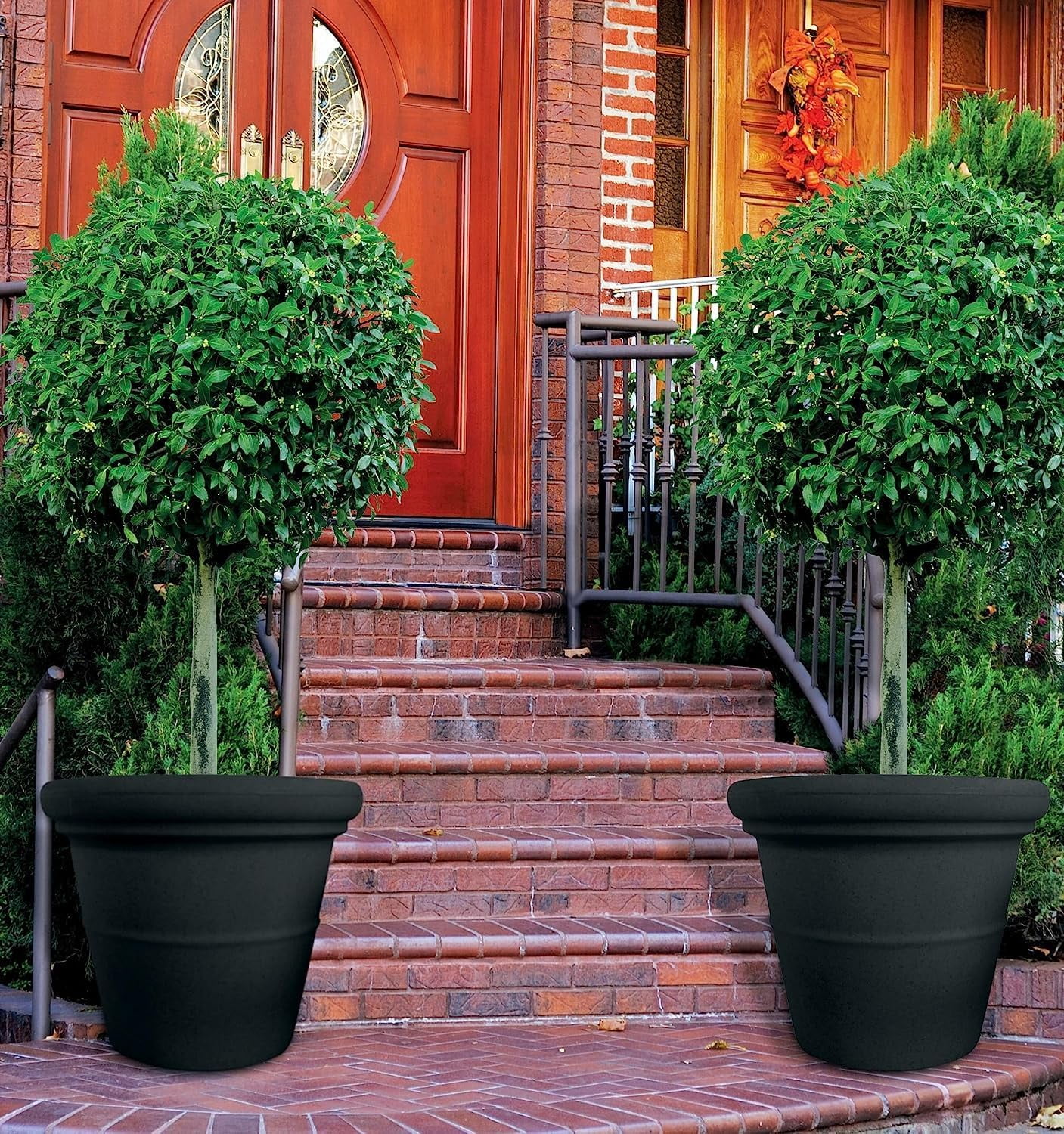 17 Inch Terrazzo Large Round Planter - Rolled Rim Weather Resistant Decorative Plastic Plant With Drainage For Indoor Outdoor Use, Black