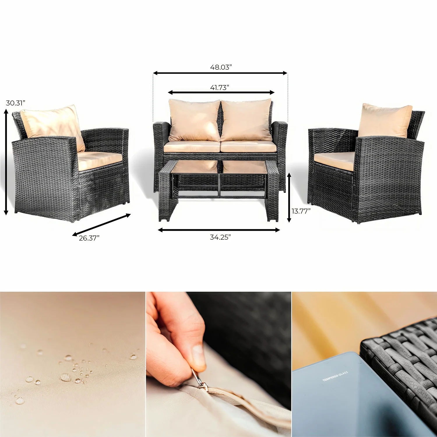 Hearth & Harbor 4-Piece Premium Rattan Outdoor Patio Furniture Set with 2 Patio Chairs, Outdoor Loveseat and Patio Table, Gray with Beige Cushions