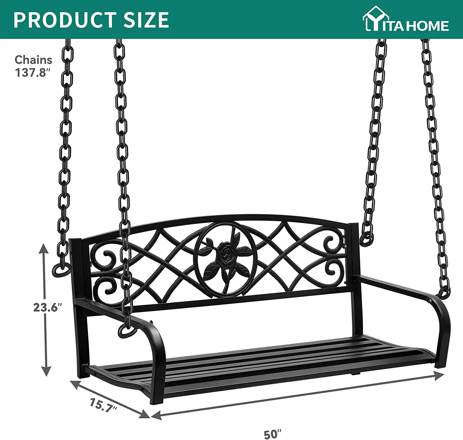 Dextrus Heavy Duty Metal Hanging Porch Swing Chair Outdoor Swing Steel Patio Bench Lounge Capacity 660lb for Garden, Balcony, Living Room, Black Rose