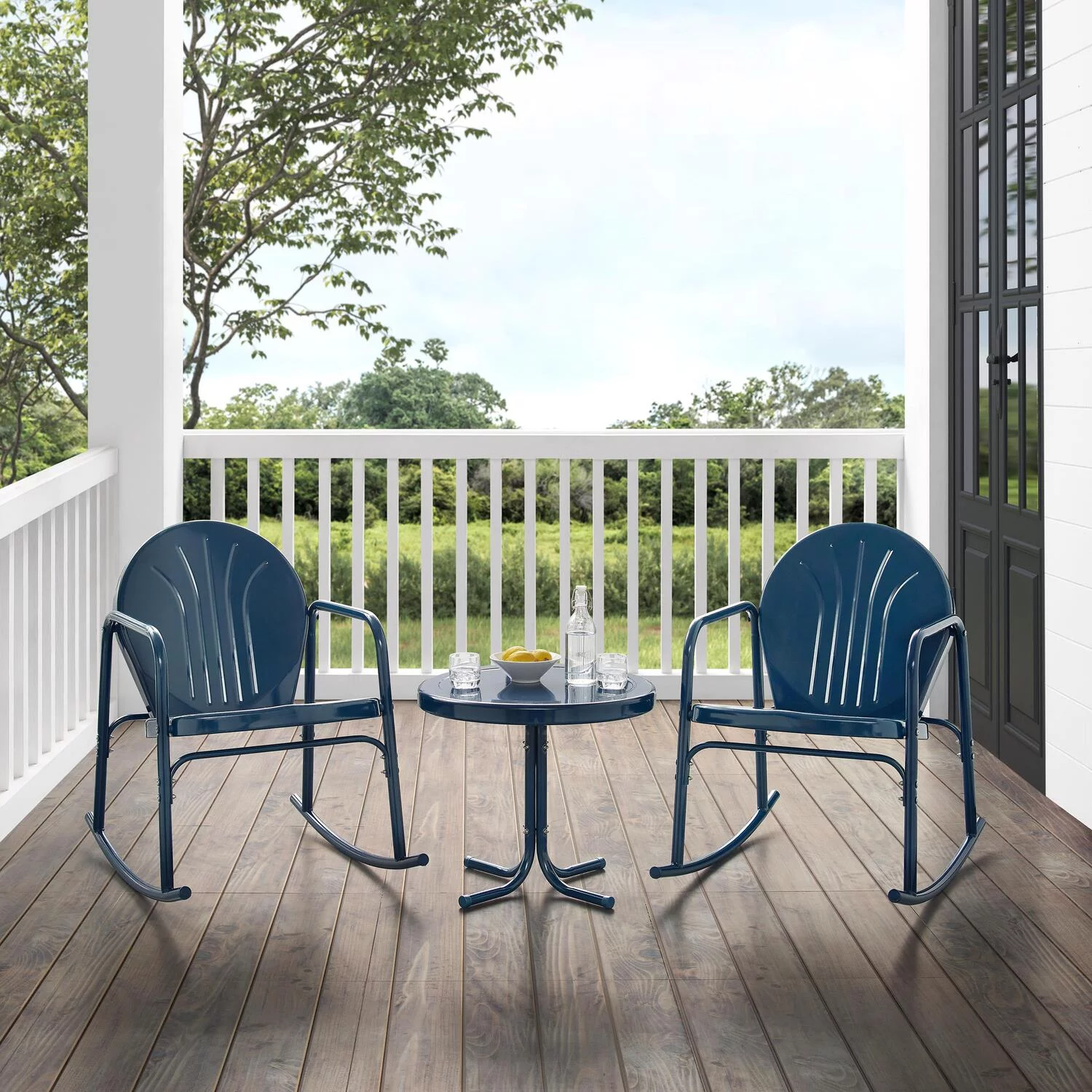 HomeStock Artisanal Artistry 3Pc Outdoor Metal Rocking Chair Set Navy Gloss - Side Table & 2 Rocking Chairs