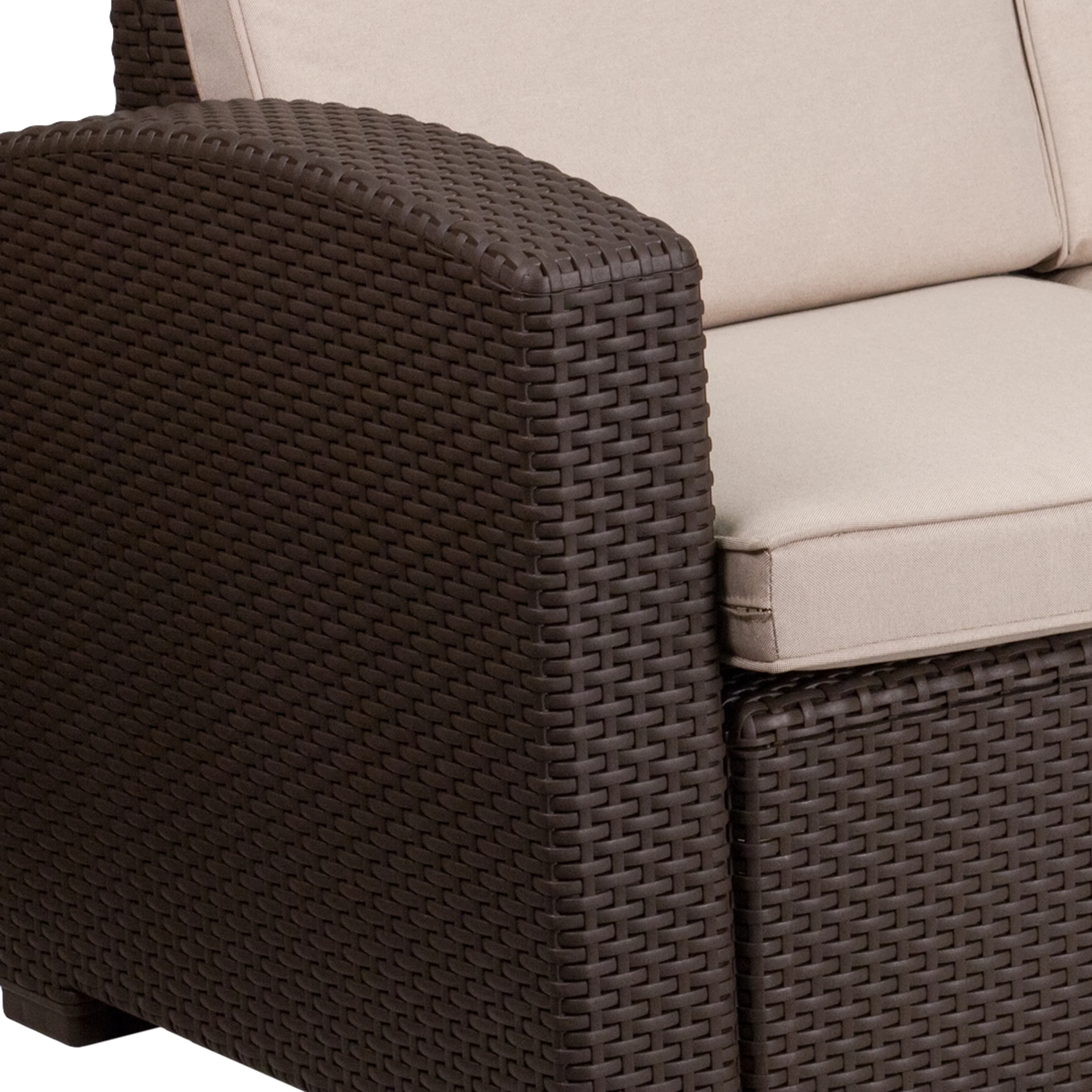 BizChair Chocolate Brown Faux Rattan Sofa with All-Weather Beige Cushions