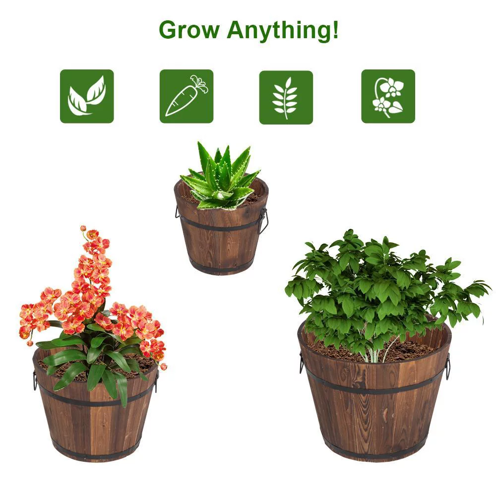 SamyoHome Wooden Bucket Barrel Planters, Rustic Patio Planters Flower Pots