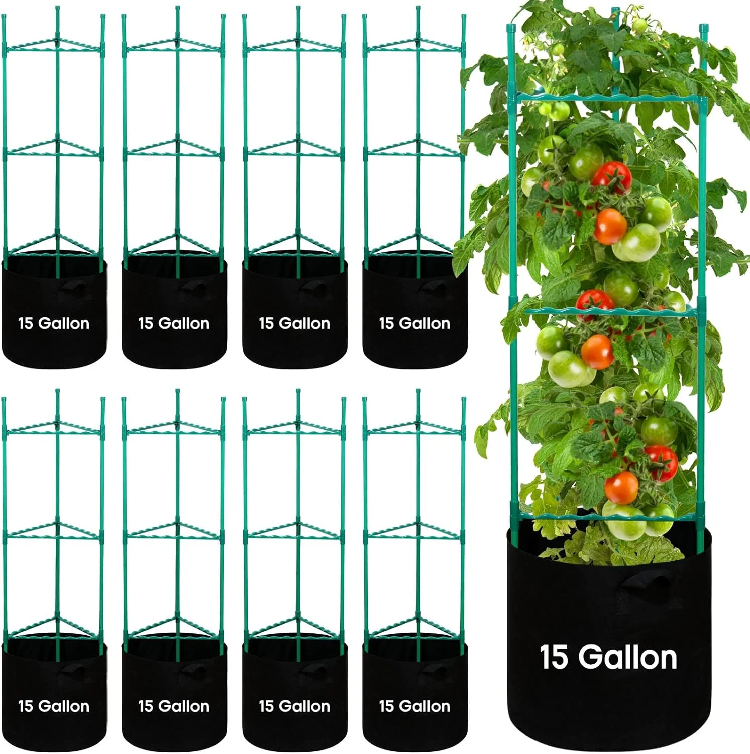 18 Pcs 48 Inch Tomato Cages with 15 Gallon Grow Bags Tomato Cage Stake Vegetable Trellis Nonwoven Plant Fabric Pot with Handles Plant Tower Stake Garden Trellis for Vertical Climbing Plant