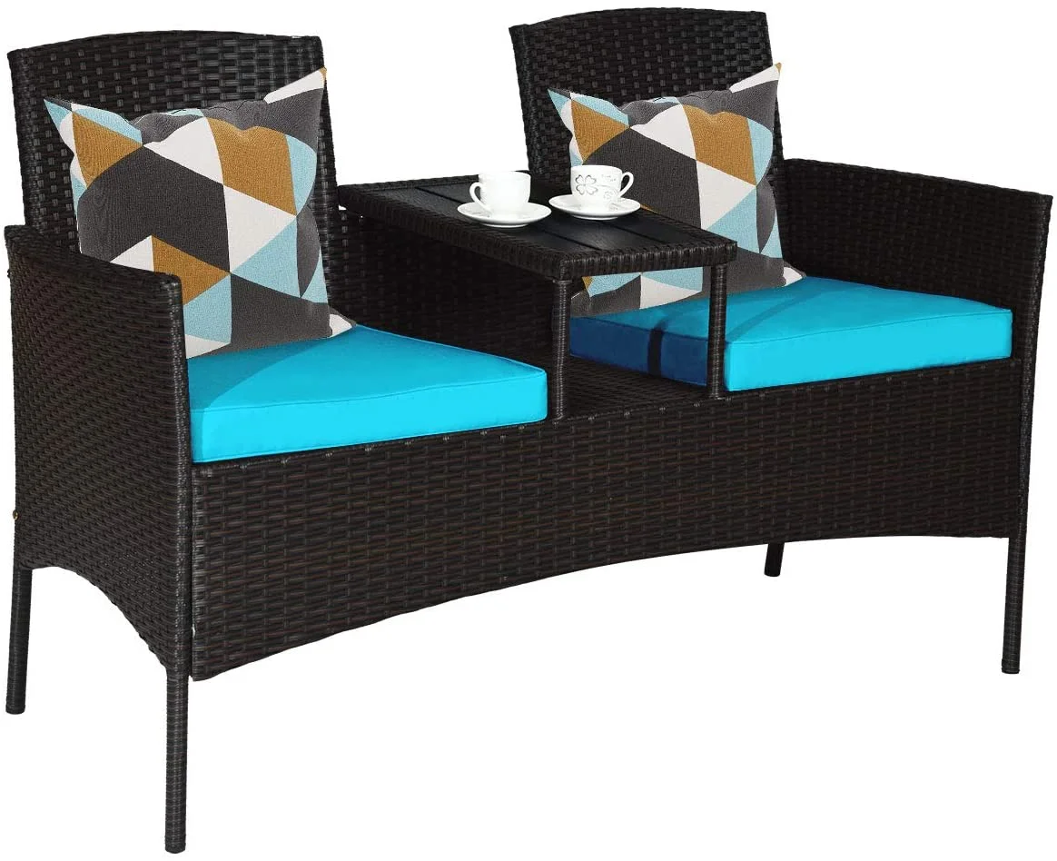 Dina Wicker Patio Conversation Furniture Set  Outdoor Furniture Set with Removable Cushions & Table  Tempered Glass Top  Modern Rattan Bench for Garden Lawn Backyard (White)