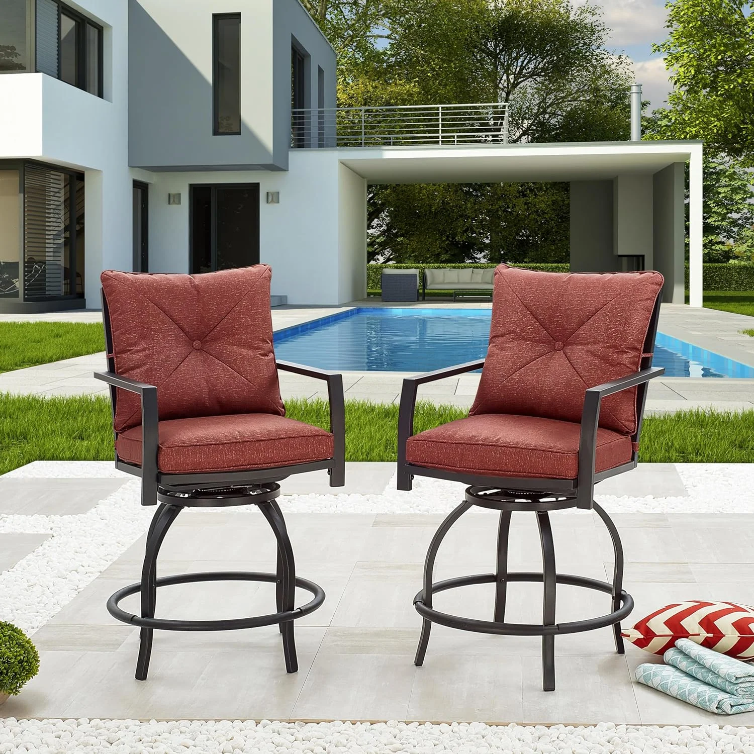 Patio Stools Outdoor Swivel Bar Height Chairs Set of 2, Set, Red