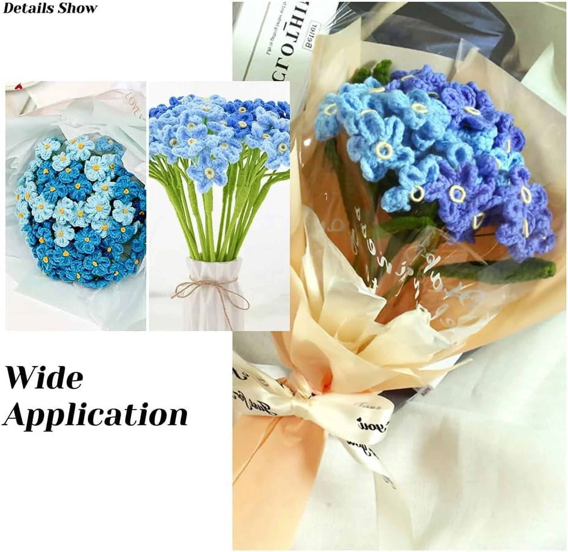 3 pcs Crochet Forget Me Not Flower Light Sky Blue Handmade Crocheted Forget Me Not Flower Bouquet Cotton Knitting Artificial Fake Flower for Home Decoration, Wedding Bouquet, Gift