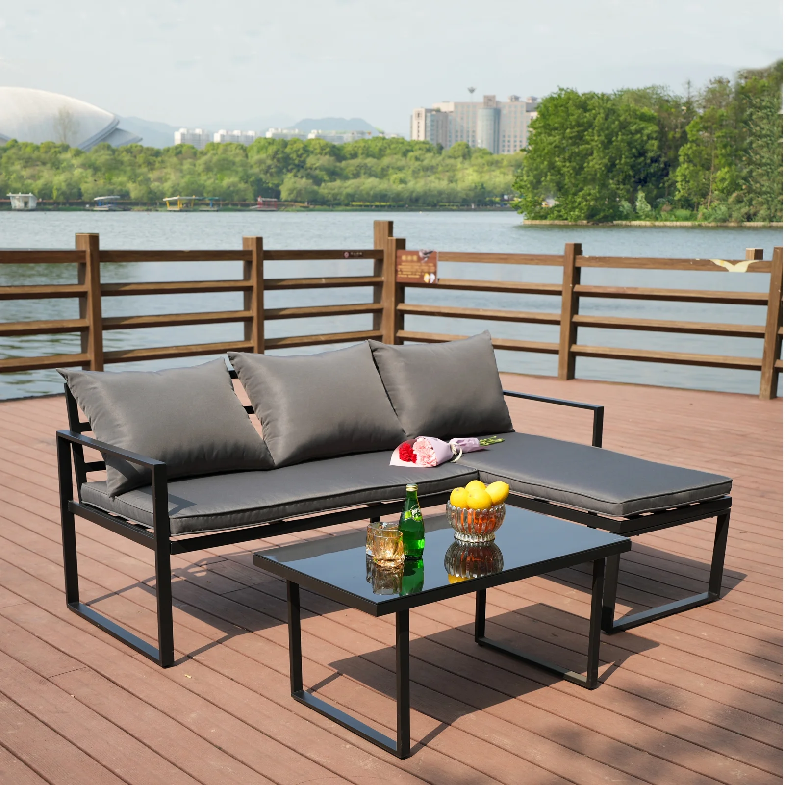 Outdoor Patio Furniture Set, Left L-Shaped Sofa Set,All-Weather Patio Conversation Set for Outdoor Indoor Balcony Porch Swimming Pool,with Gray Cushions and Black Glass Coffee Table