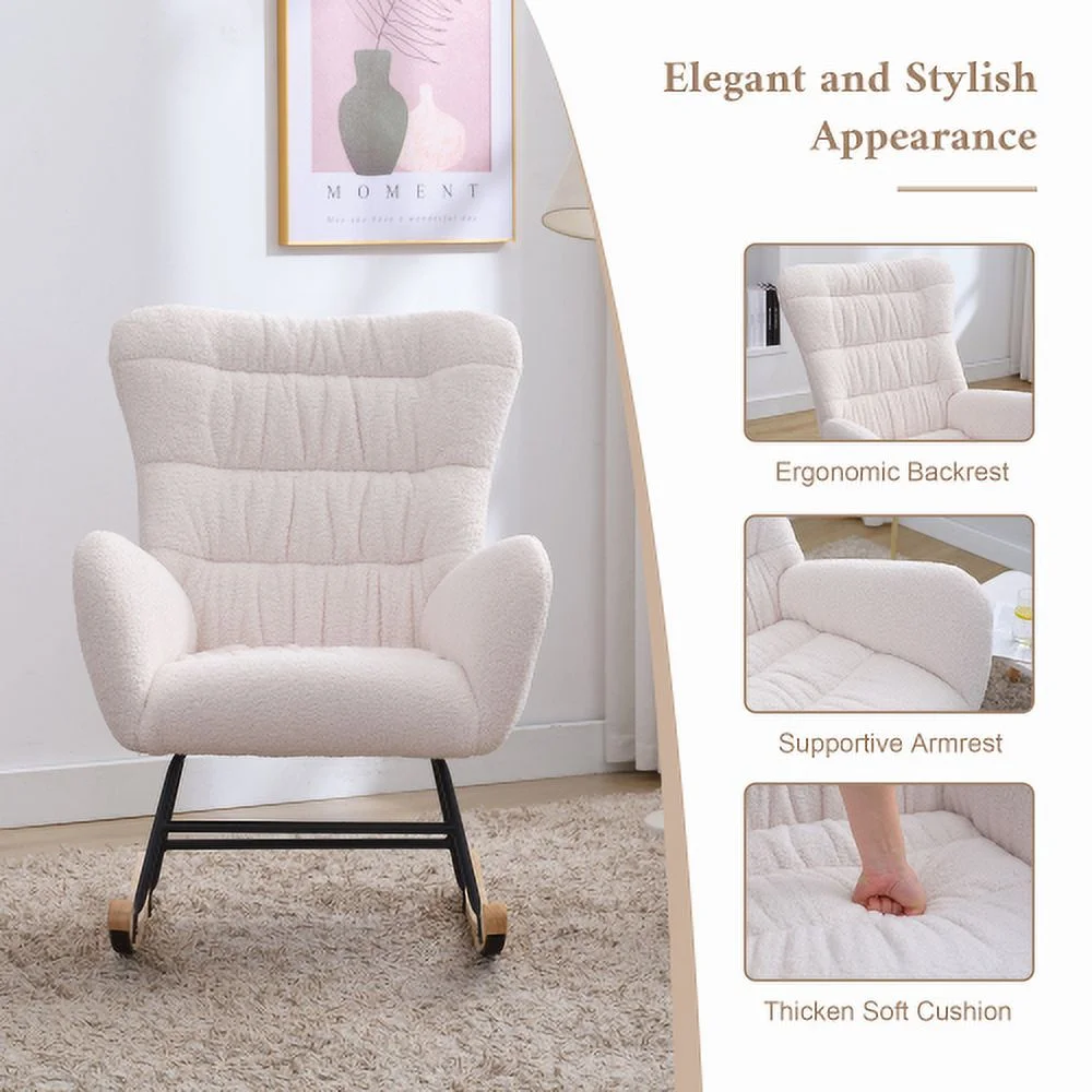 DremFaryoyo Nursery Rocking Chair  Teddy Upholstered Glider Rocker  Rocking Accent Chair with High Backrest  Comfy Rocking Accent Armchair for Living Room  Bedroom  Offices  WHITE