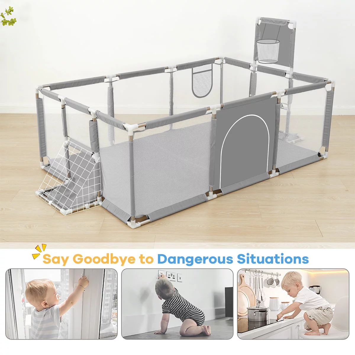Zmoon Baby Playpen,71inch Extra Large Baby Playard with Basketball Hoop and Breathable Mesh,Children Kids Play Fence,Baby Play Pen, Infant Play Area(Grey)