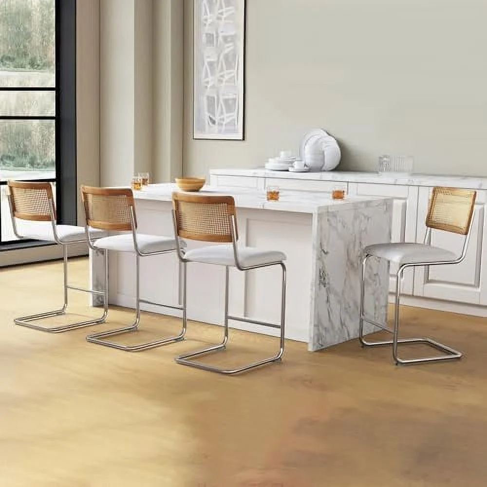 HBBOOMLIFE Black Modern Counter Height  Stools  with Natural Rattan Cane and Solid Wood Backs  24 Inch Upholstery with Metal Chrome Legs Mid Century  Chairs
