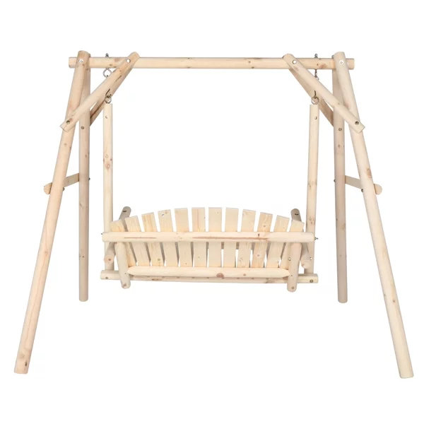 6.5ft Hardwood Patio Garden Outdoor Porch Swing with Stand, Rustic Loveseat Swing Chair for 2 Person, Natural