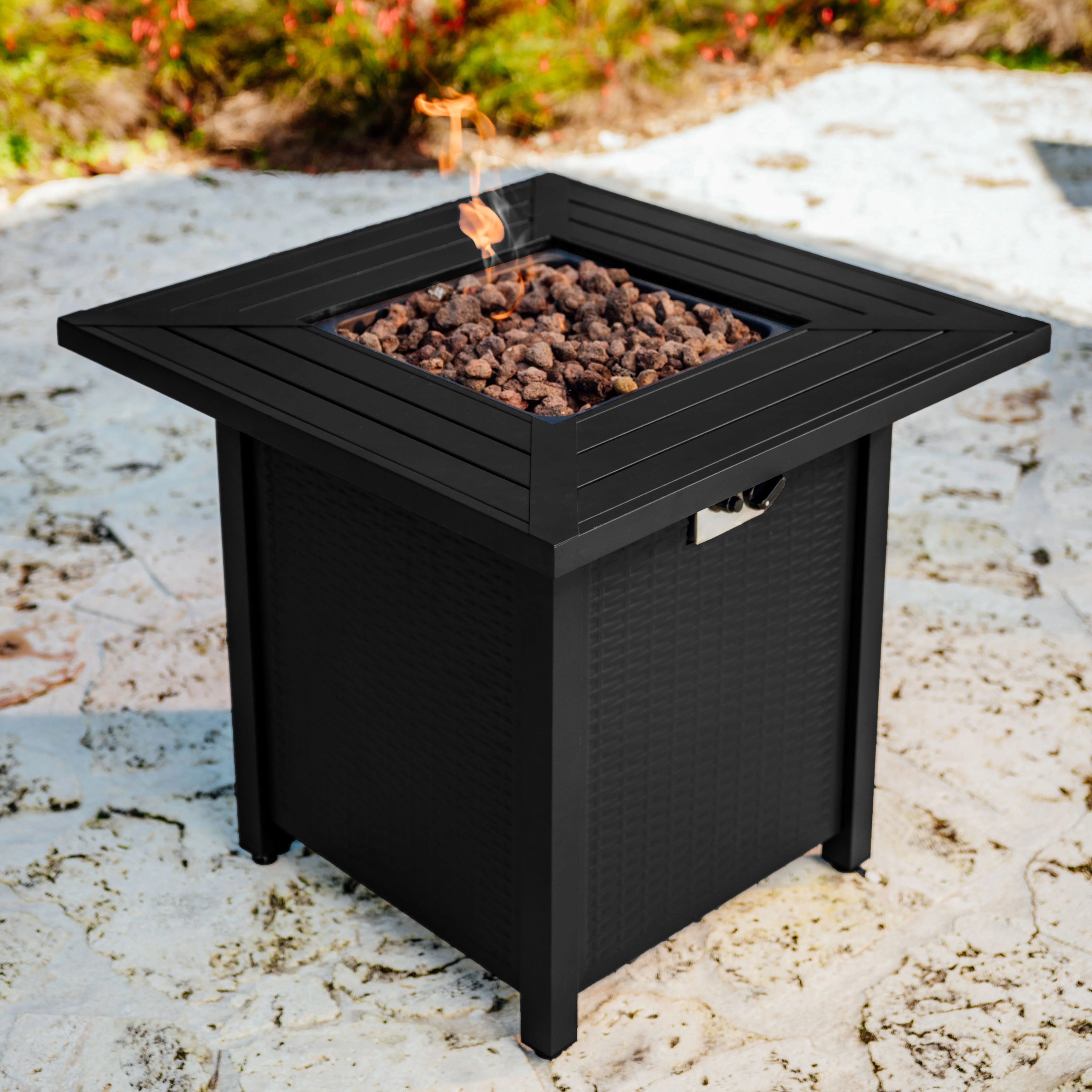 Hearth & Harbor 28” Propane Fire Pit Table for Outside with Lava Rocks, Weatherproof Protective Cover and Electronic Ignition, Black
