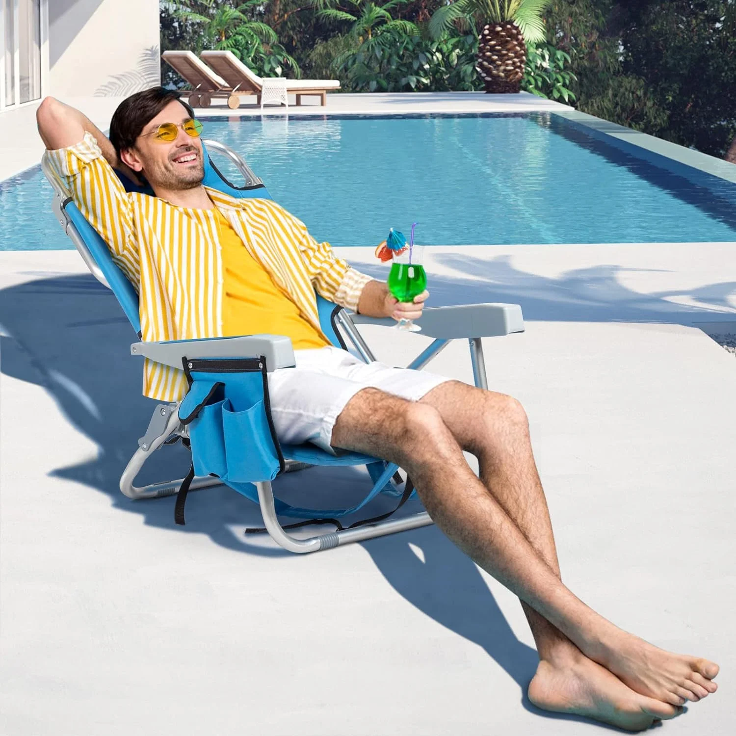 63*70*99cm Short Oxford Cloth Silver White Aluminum Tube Bearing 100kg Beach Chair, Blue