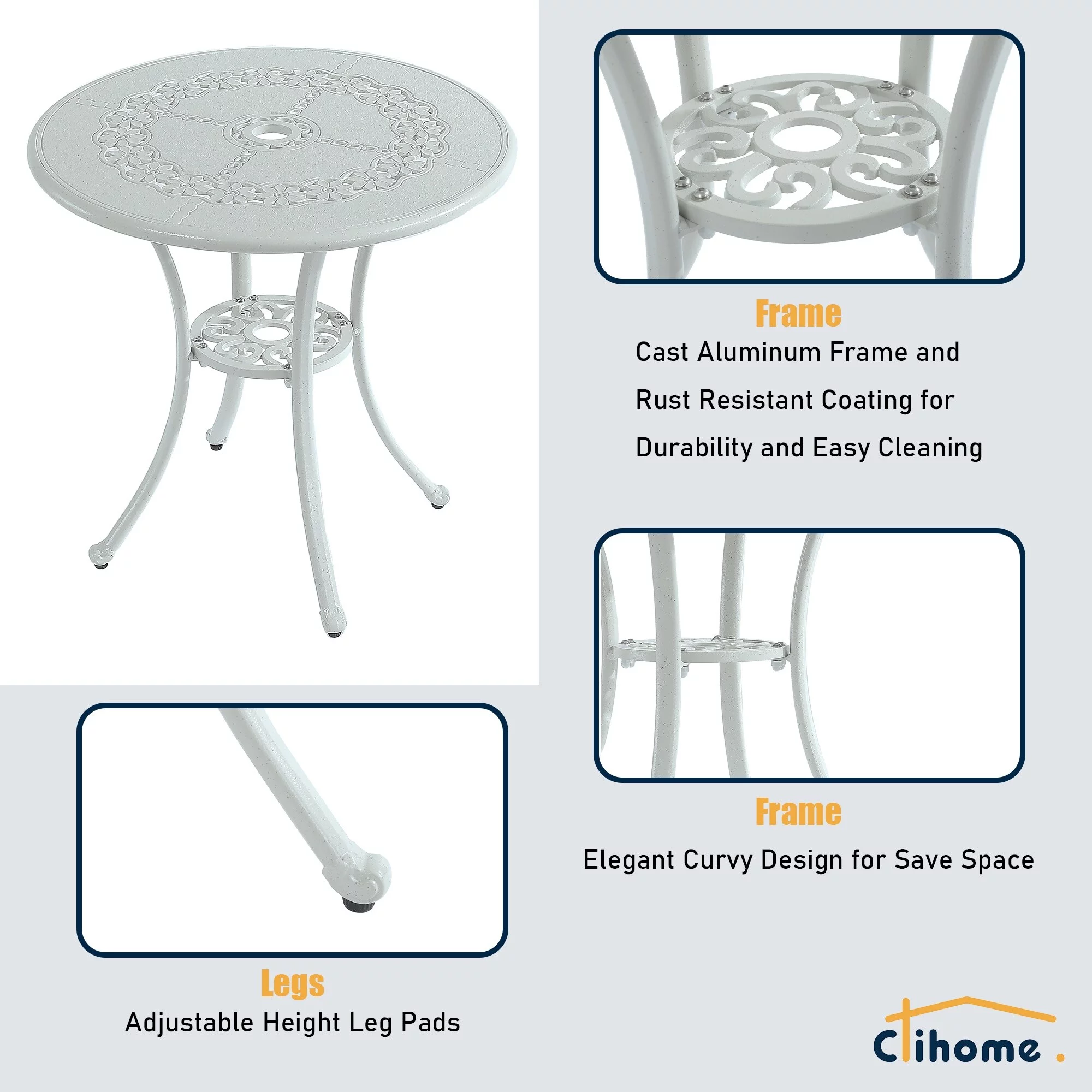 Clihome  3-Piece Cast Aluminum Bistro Table Set with Umbrella Hole Brown