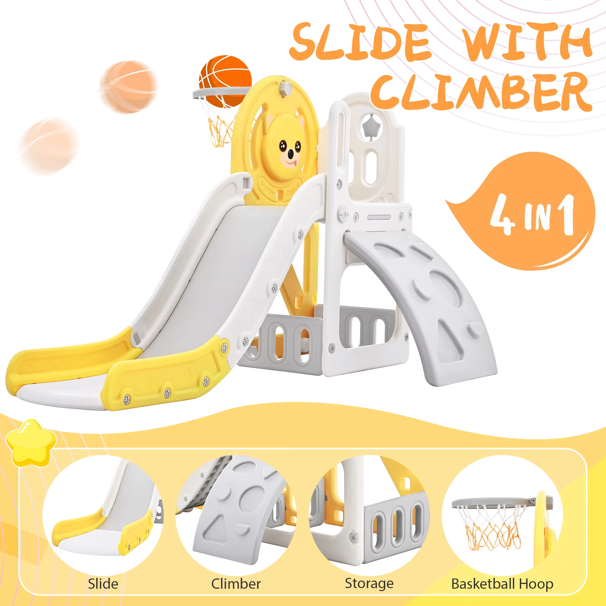 DeeHome Toddler Climber and Slide Set 4 in 1, Kids Playground Climber Freestanding Slide Playset with Basketball Hoop Play Combination for Babies Indoor & Outdoor