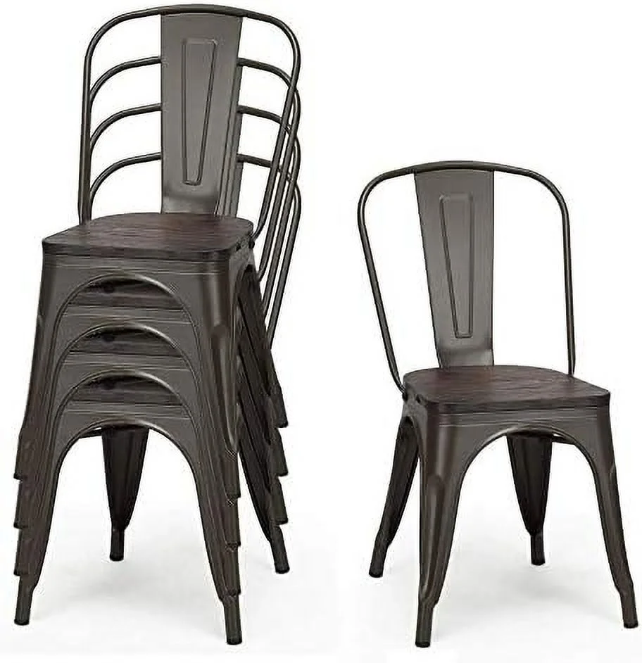 FDIGLUL Dining Chairs Set of 4  Indoor Outdoor Metal Kitchen Chairs with Wood Seat & High Backrest  Tolix Style Stackable Counter  Chairs  Room  Restaurant  Patio & Party(Gun)
