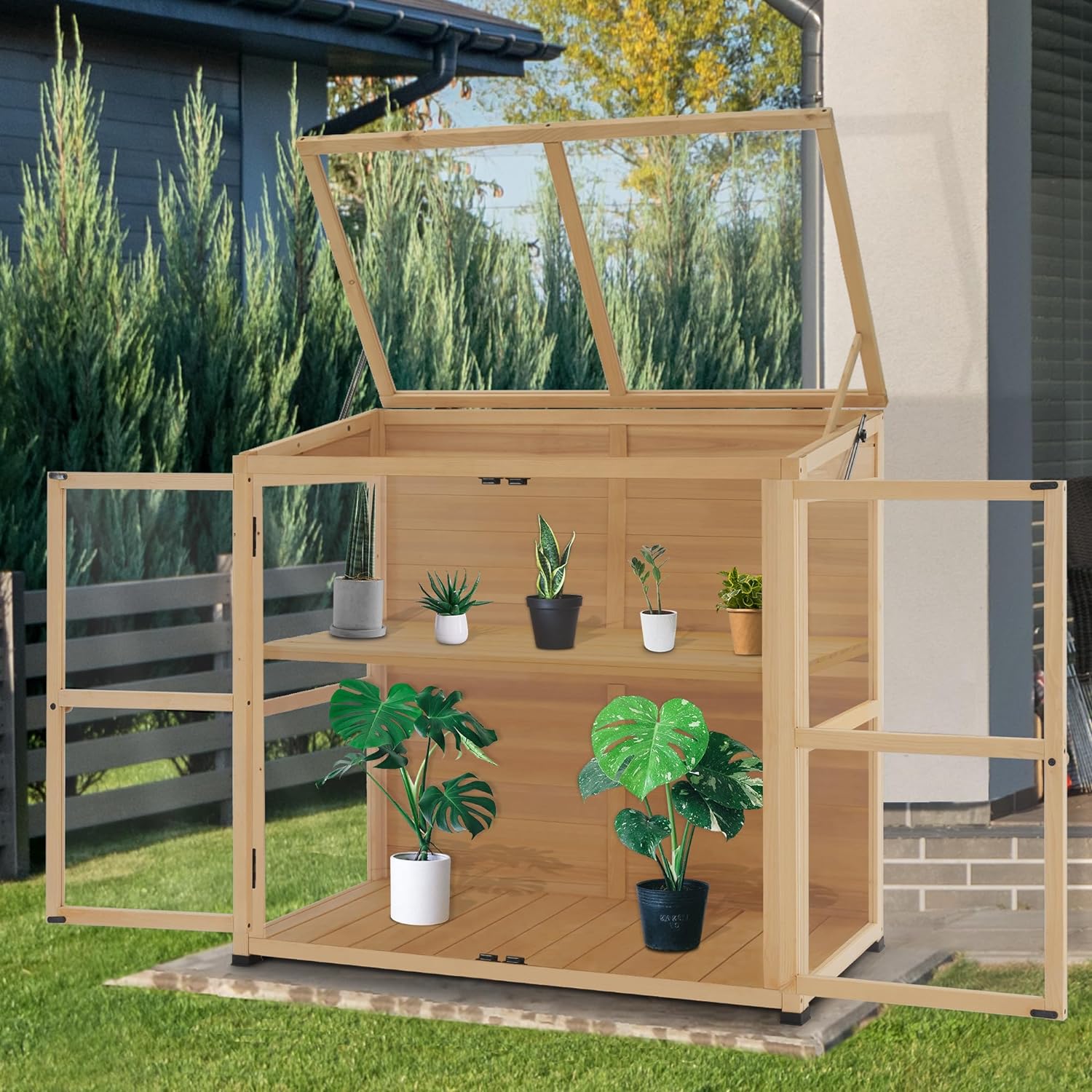 Wooden Cold Frame Greenhouse, Wooden Greenhouse Cabinet Kit with Adjustable Shelf & Lockable Door, Fully Transparent Polycarbonate Greenhouse for Outdoor Indoor Use, 0718 (Natural)