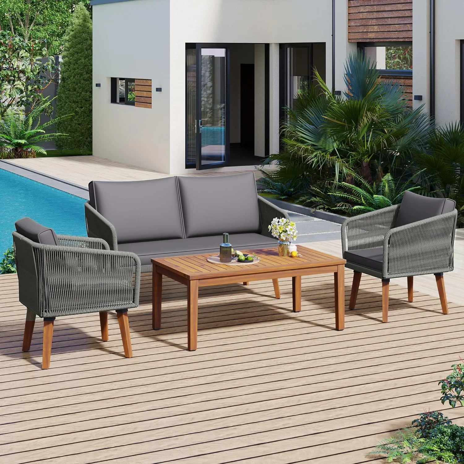 Dina 4-Pieces Patio Conversation Set with Loveseat  2 Single Chairs and Table  Outdoor Solid Wood Sofa Set with Cushions and Rope Design for Backyard Garden Poolside  Beige