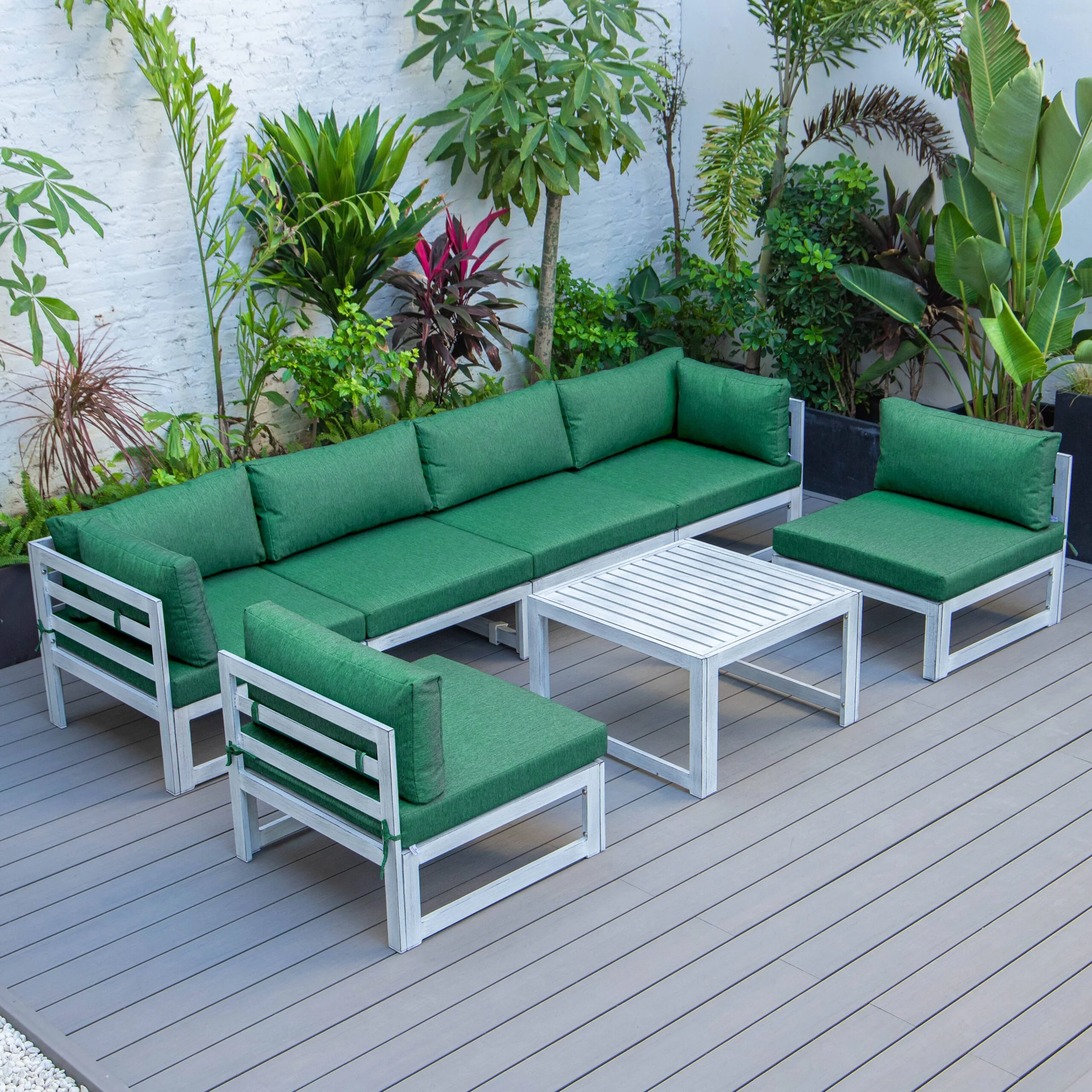 LeisureMod Chelsea 7-Piece Outdoor Patio Conversation Set in Weathered Grey Aluminum with Coffee Table & Cushions In Green