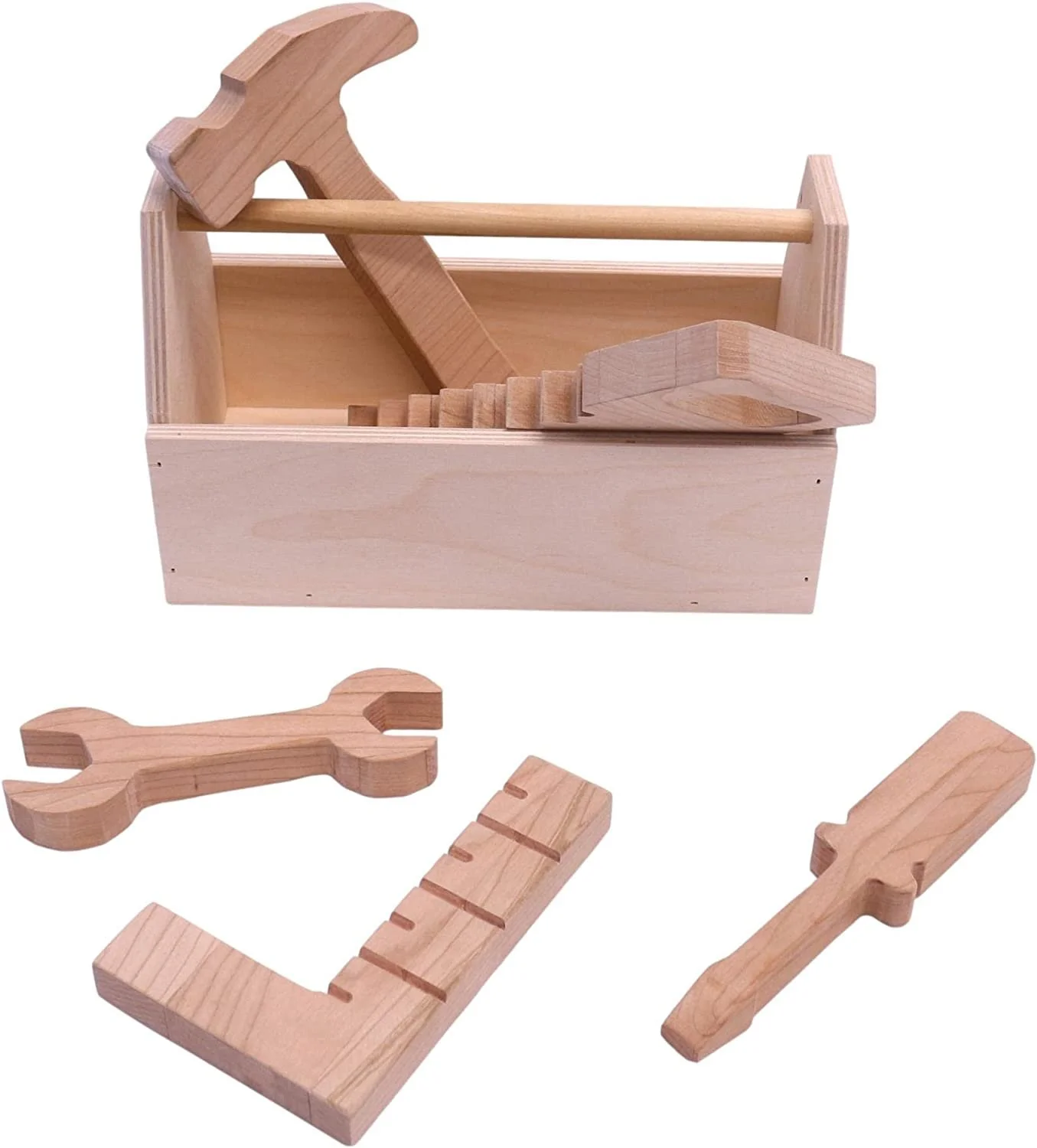 AmishToyBox.com Tool Box Toy Play Set, 6 Piece Wooden Toy Kid's Tool Set