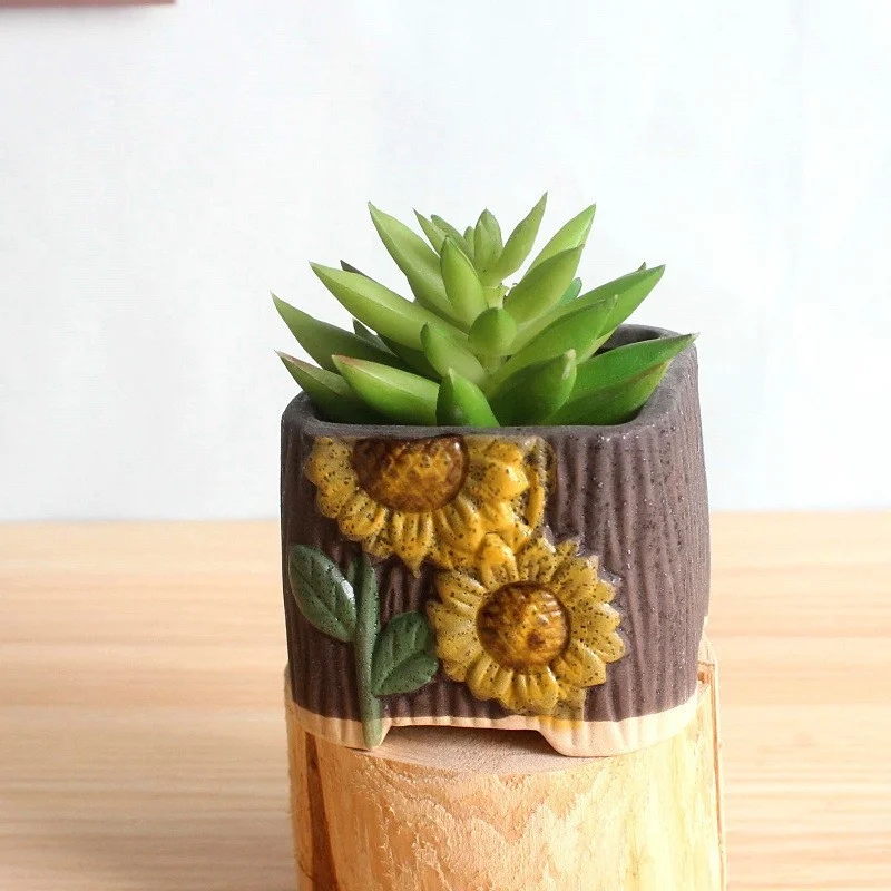 Ceramic Succulent Planter with Hand-Painted Sunflower Design