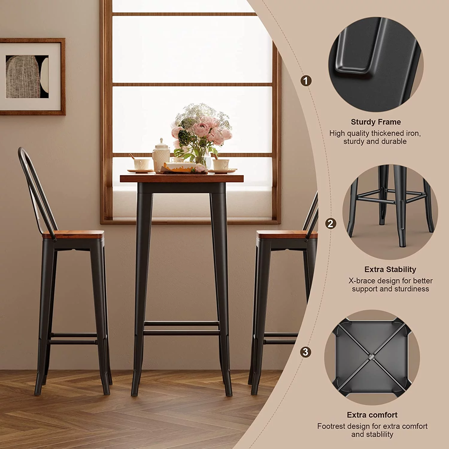 Bar Table Set, Lofka Square Counter Height Bistro Dinette Sets with 2 stools, Brown