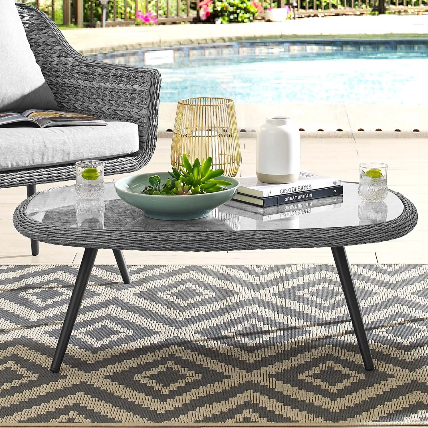Lounge Coffee Side Table, Grey Gray, Rattan, Wicker, Outdoor Patio Balcony Cafe Bistro Garden Hospitality Restaurant, Modern Contemporary HB33191