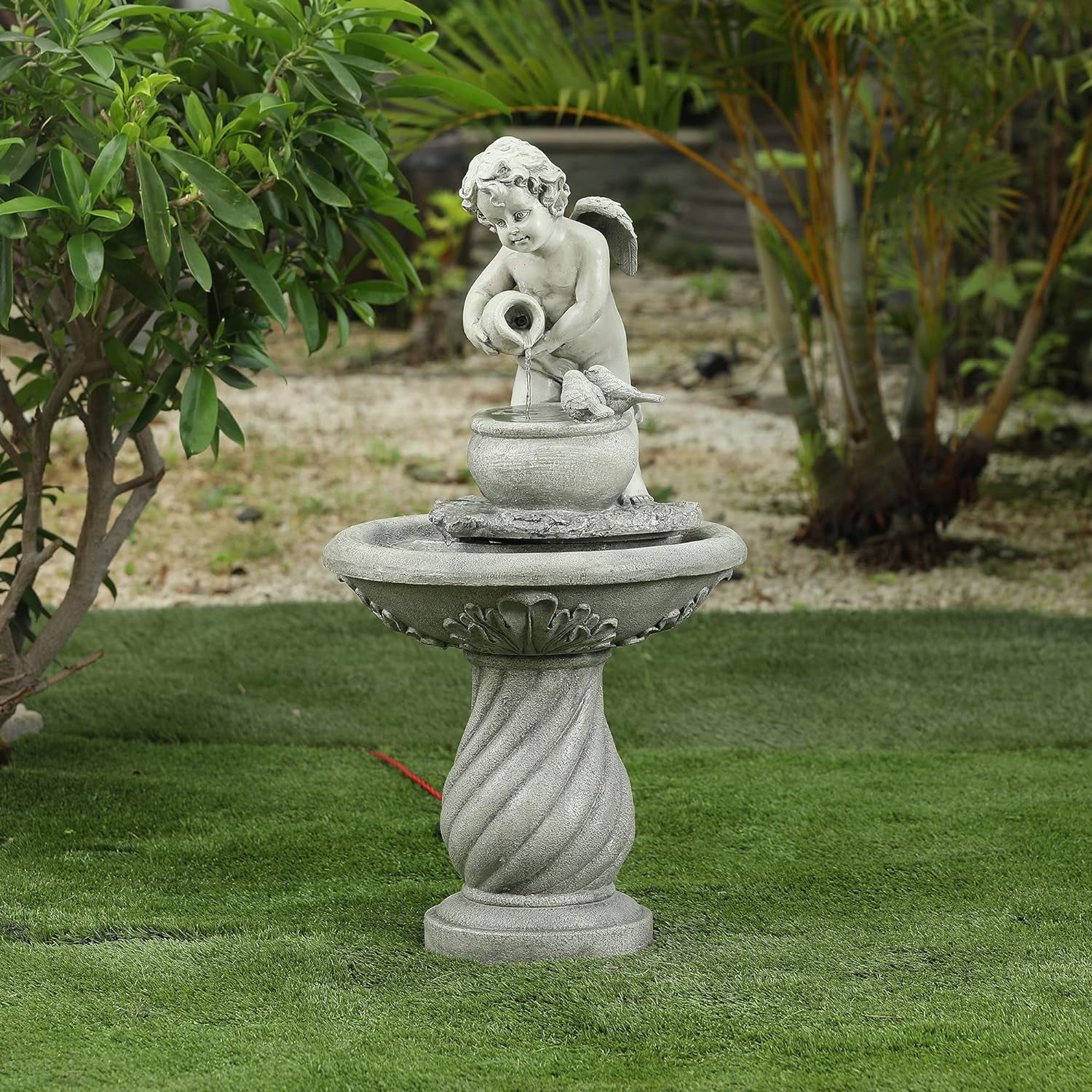Resin Outdoor Fountain, Cherub Patio Water Fountain, Garden bath, Floor Stacked Fountain for Patio Garden Courtyard