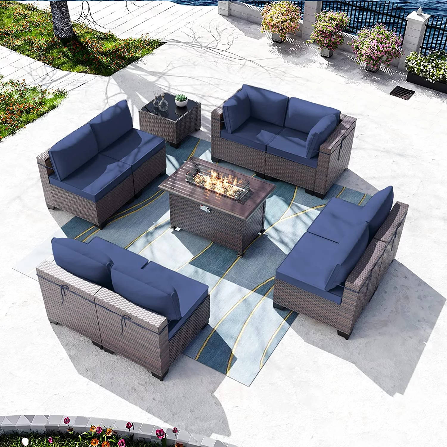8PCS Outdoor Patio Furniture Set with 43" 55000BTU Gas Propane Fire Pit Table PE Wicker Rattan Sectional Sofa Patio Conversation Sets Navy Blue