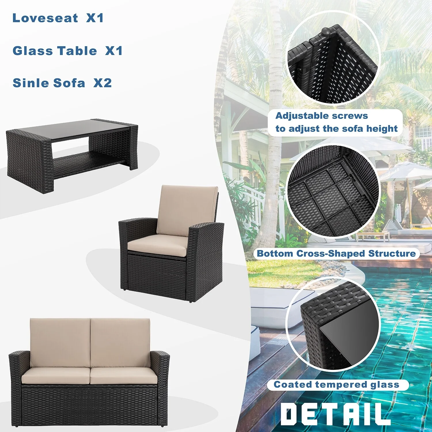 Futzca  4-Piece Outdoor Patio Furniture Set, Wicker Sectional Set Black