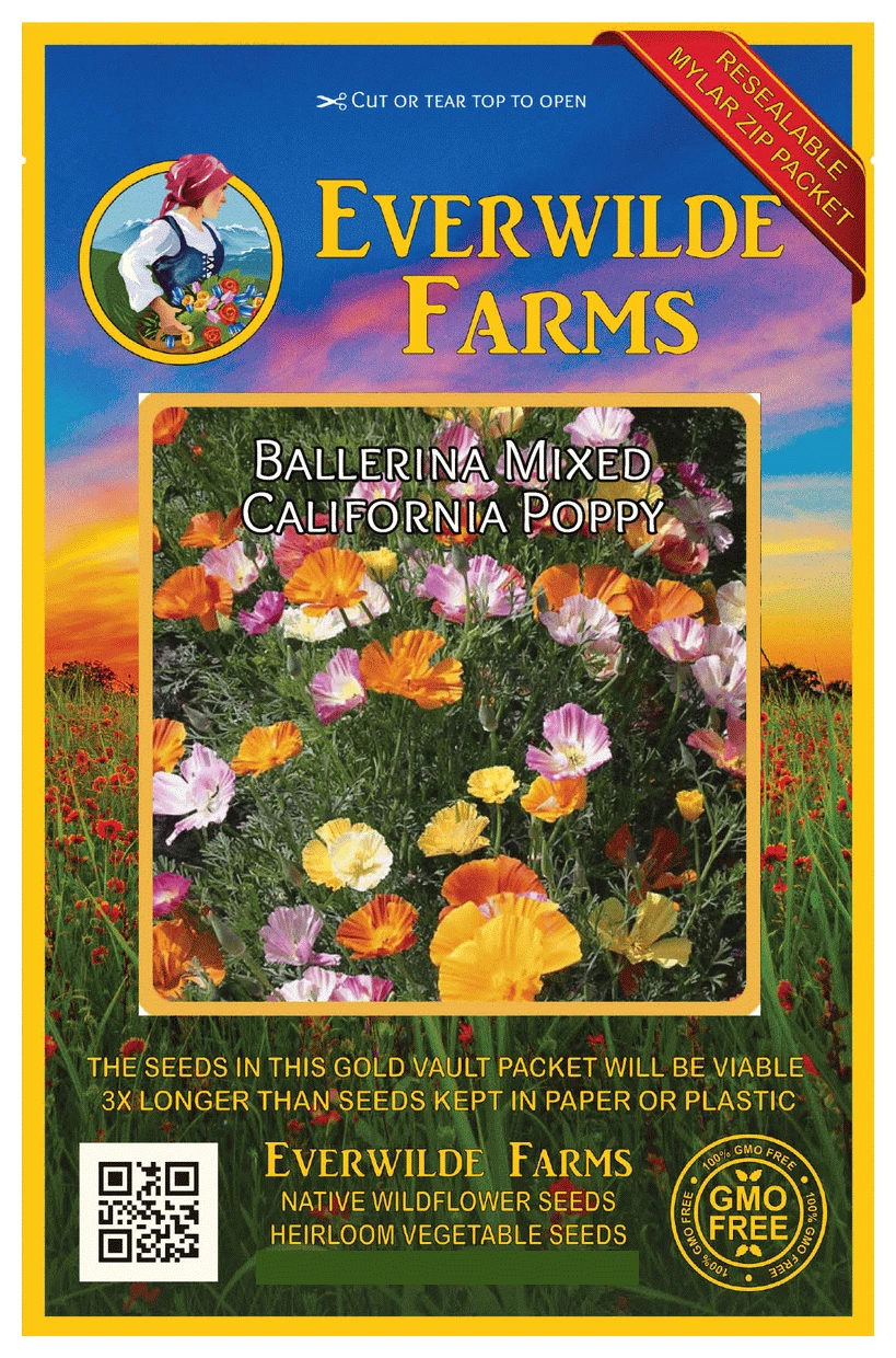 Everwilde Farms - 1000 Ballerina Mixed California Poppy Garden Flower Seeds - Gold Vault Jumbo Bulk Seed Packet