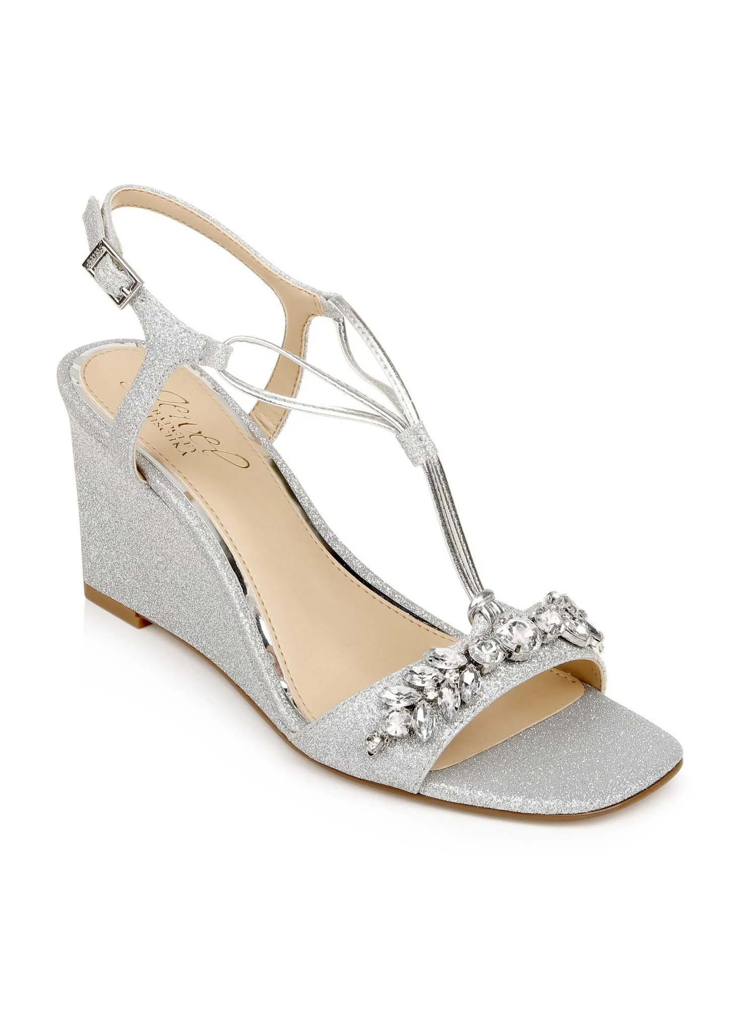 JEWEL BADGLEY MISCHKA Womens Silver Glitter Tubular Straps Comfort Adjustable Strap Gem Accent Oakes Square Toe Wedge Buckle Dress Sandals Shoes 11