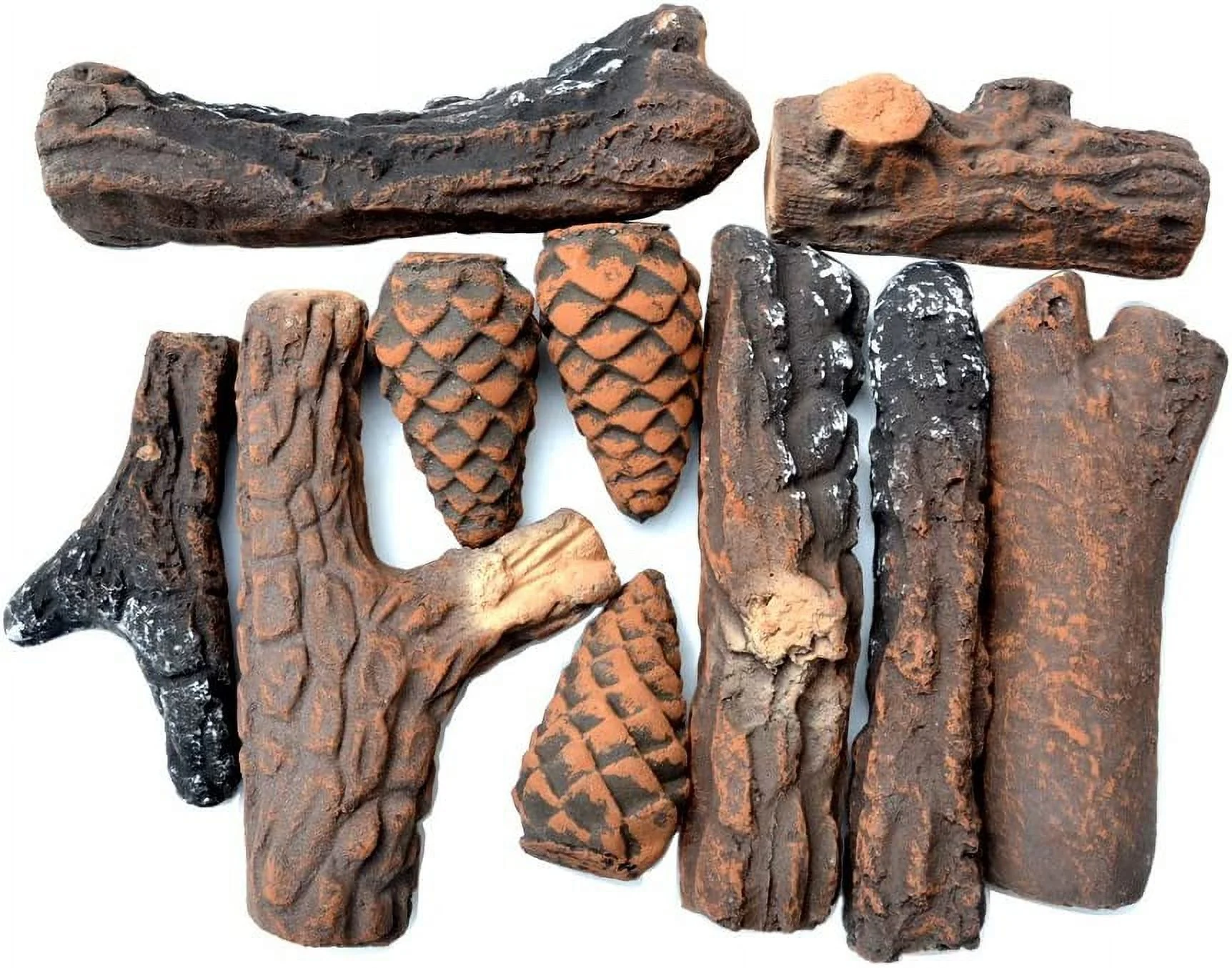 Small Ceramic Gas Logs, 10 Piece Set of Decoration Ceramic Wood Logs for All Types of Ventless, Gel, Ethanol, Electric, Gas Inserts, Propane, Indoor or Outdoor Fireplaces & Fire Pits
